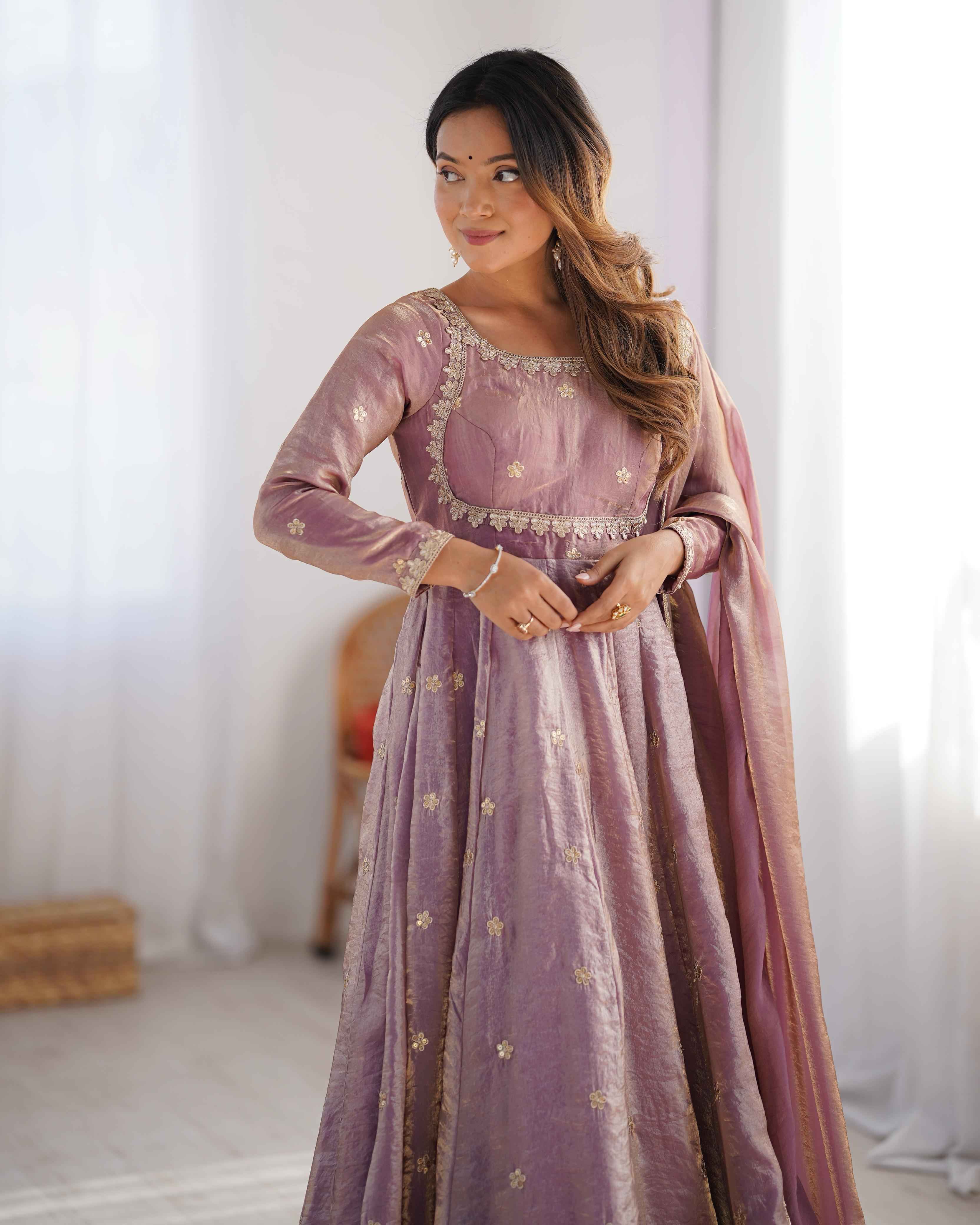 Party Wear Peach Color Fandy Silk Gown For Girls