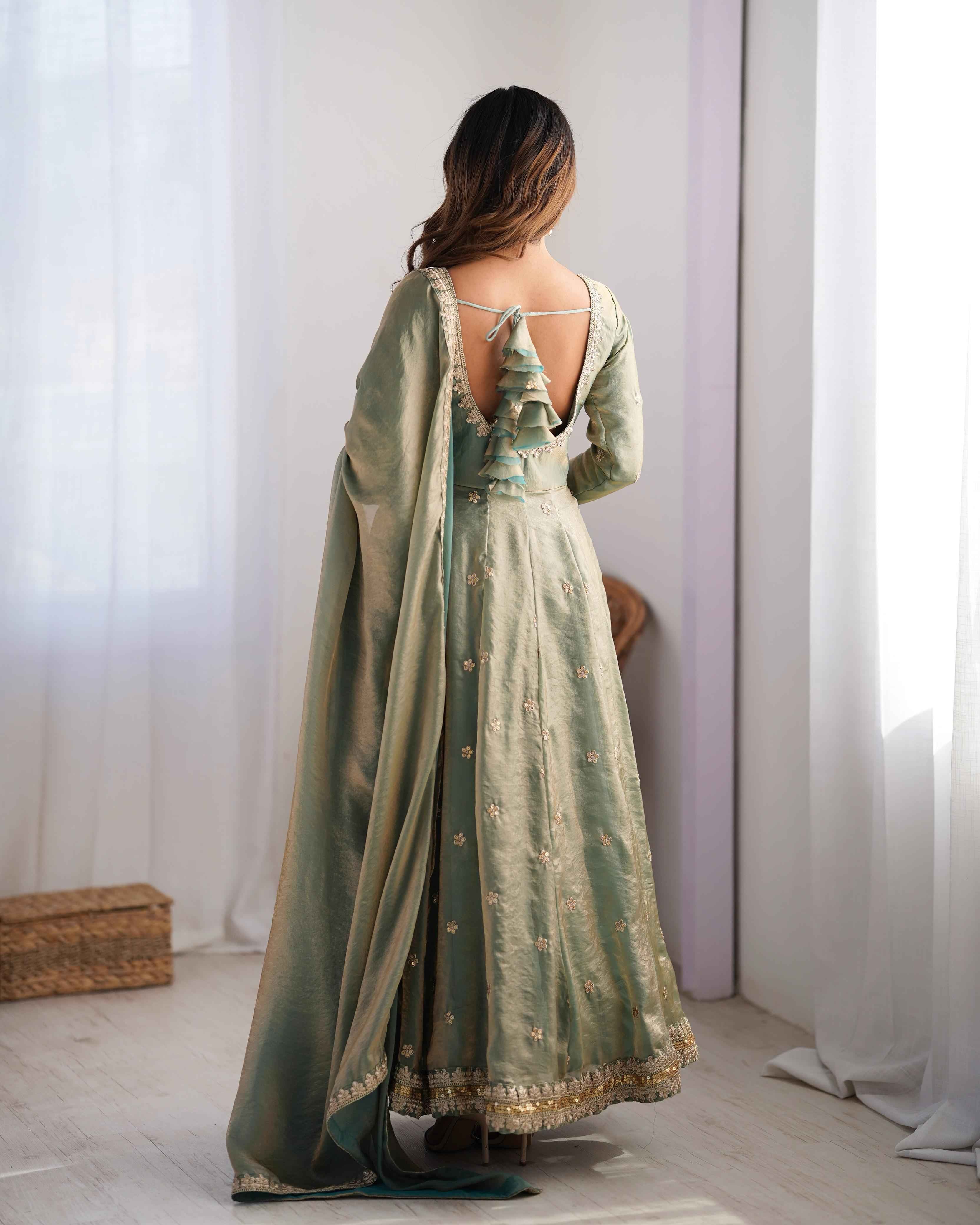 Wedding Wear Light Green Color Fandy Silk Gown For Girls