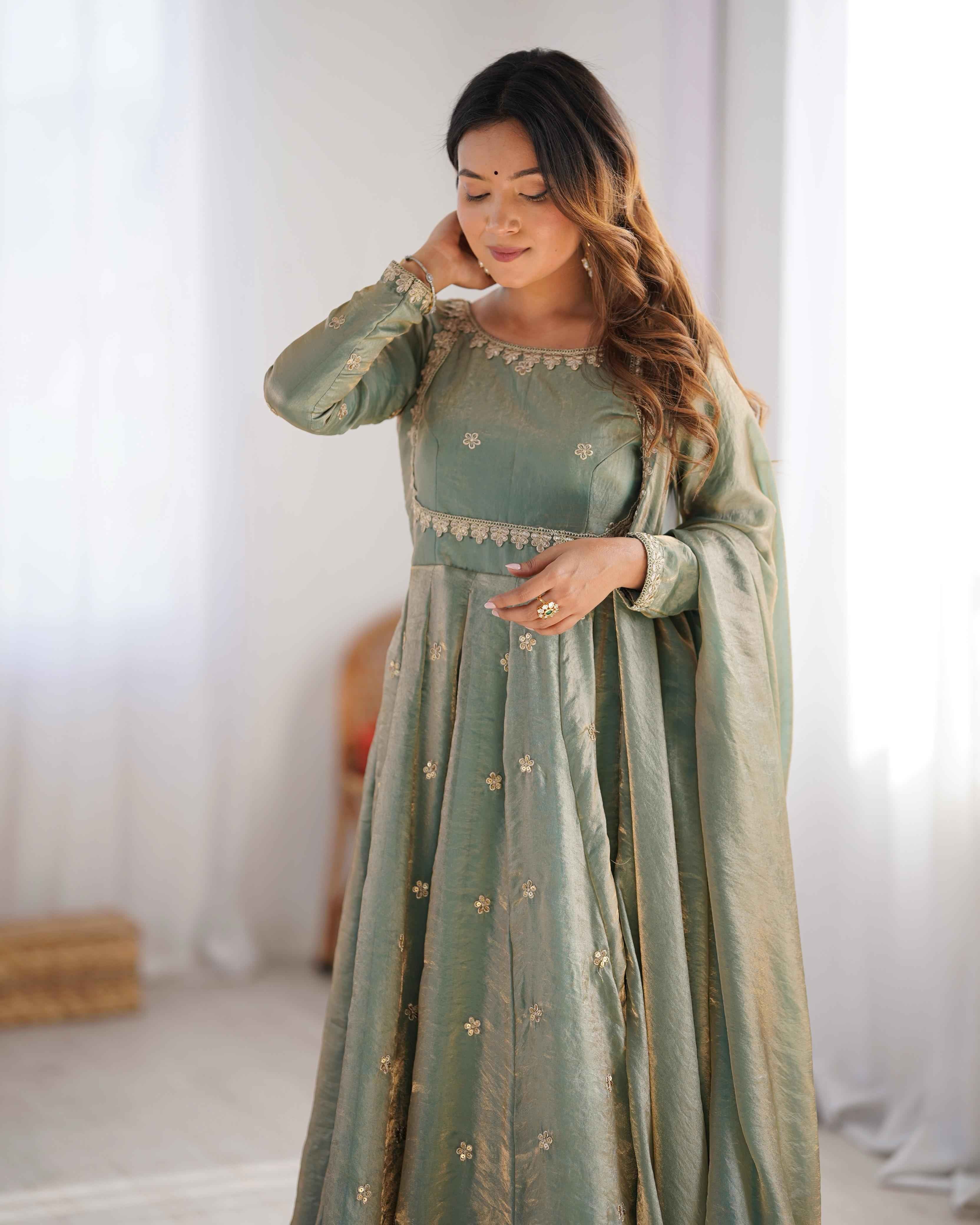 Wedding Wear Light Green Color Fandy Silk Gown For Girls