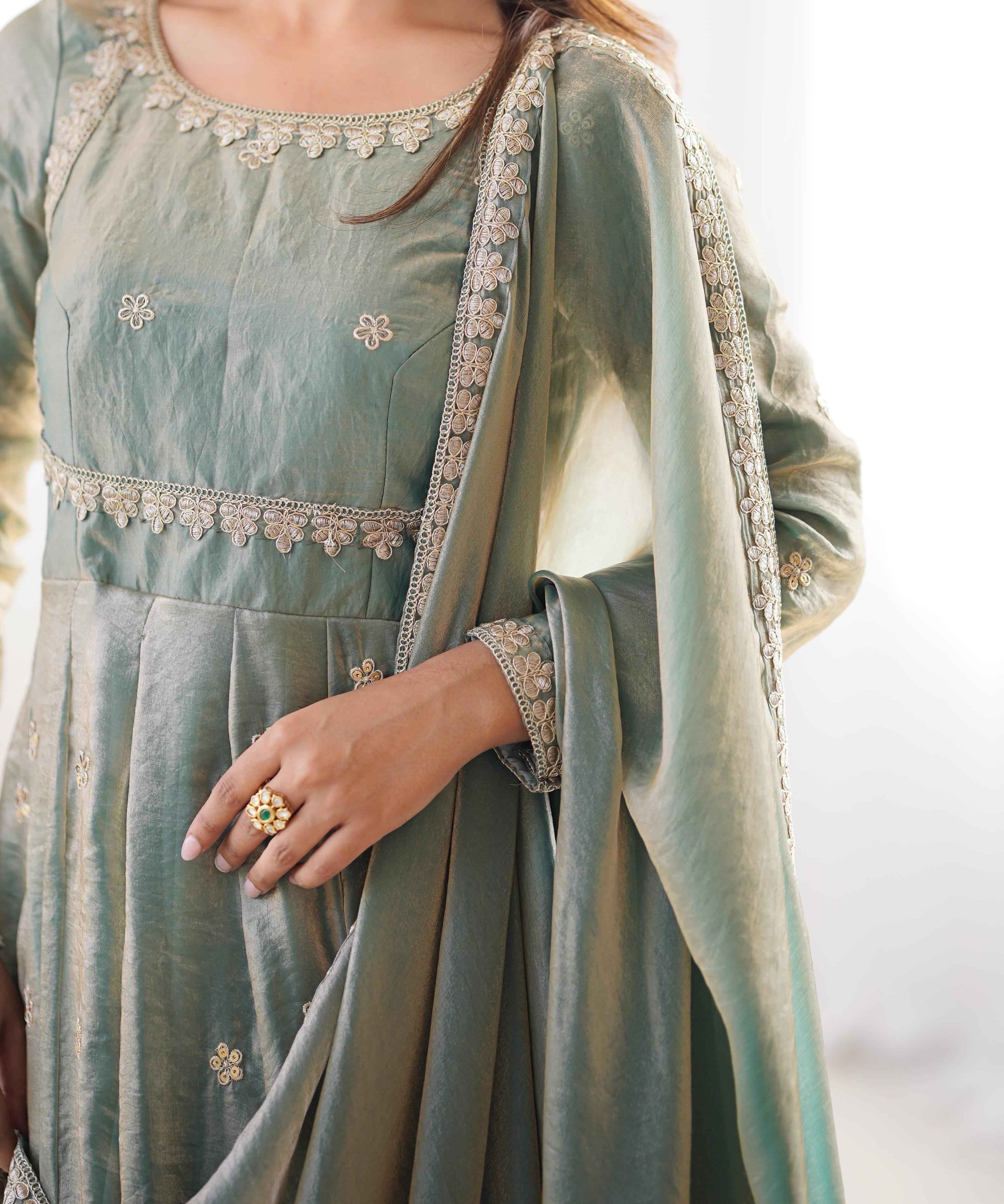 Wedding Wear Light Green Color Fandy Silk Gown For Girls