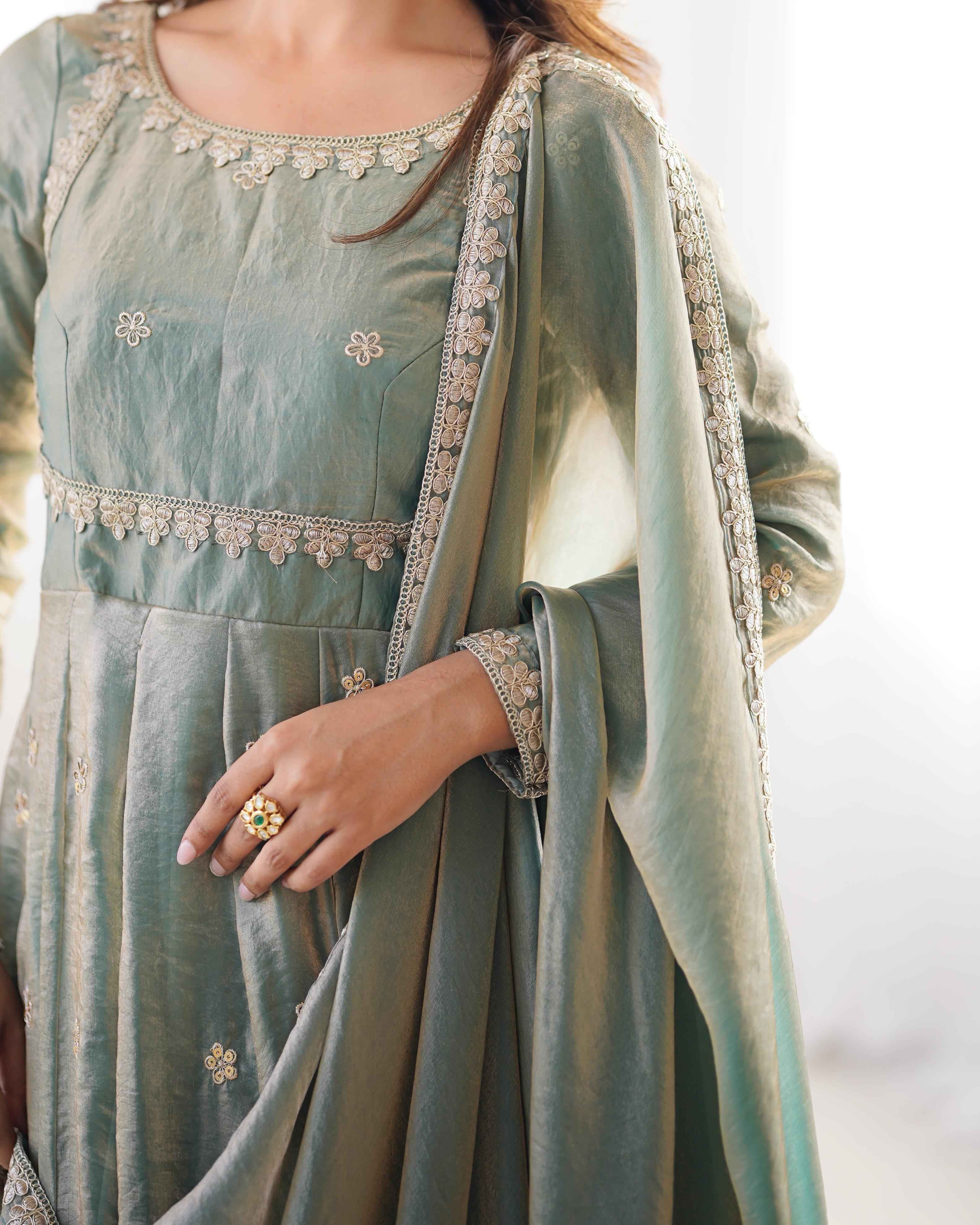 Wedding Wear Light Green Color Fandy Silk Gown For Girls