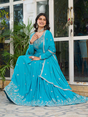 Party Wear Sky Blue Color American Silk Gown For Girls