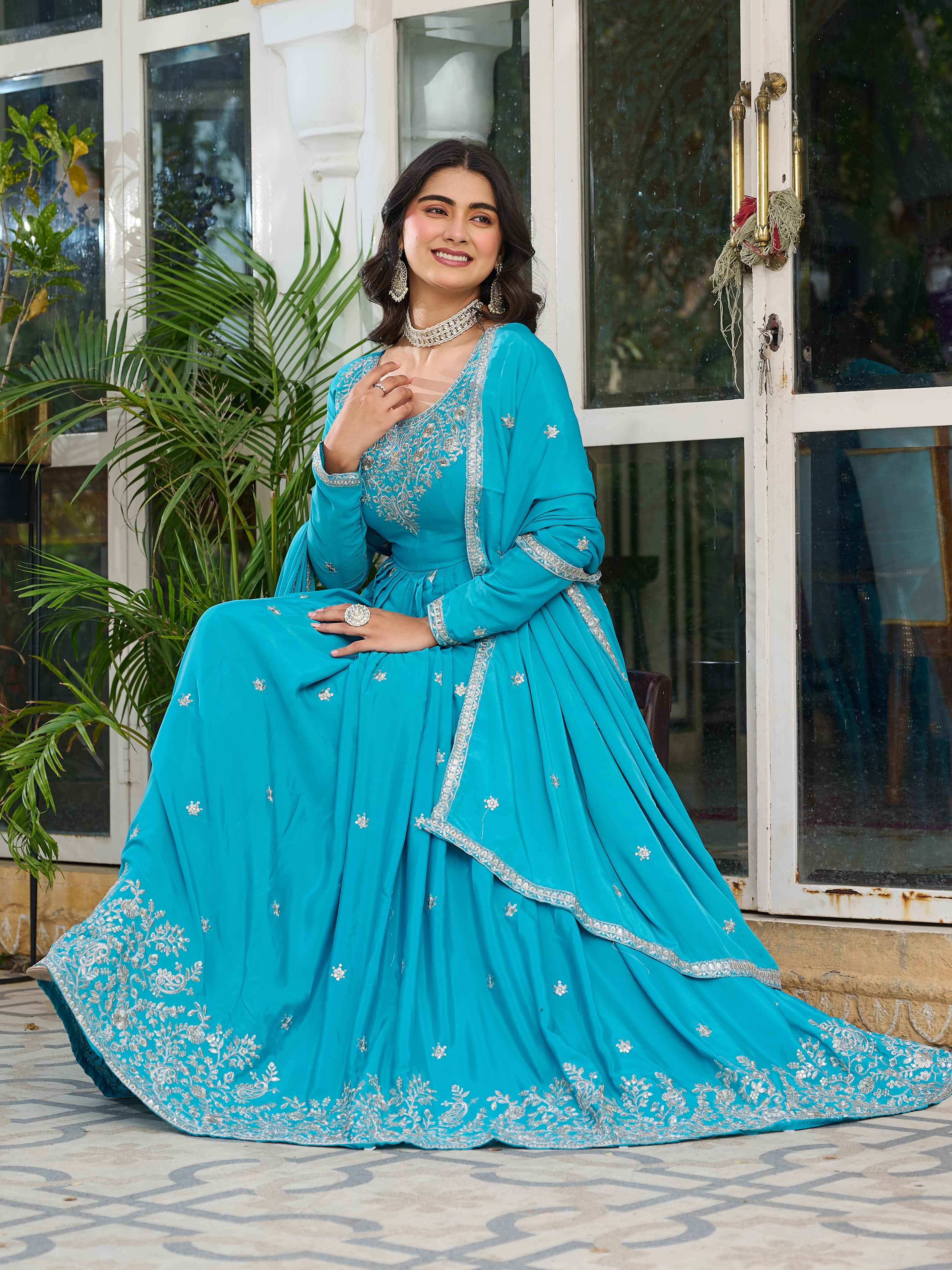 Party Wear Sky Blue Color American Silk Gown For Girls