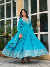 Party Wear Sky Blue Color American Silk Gown For Girls