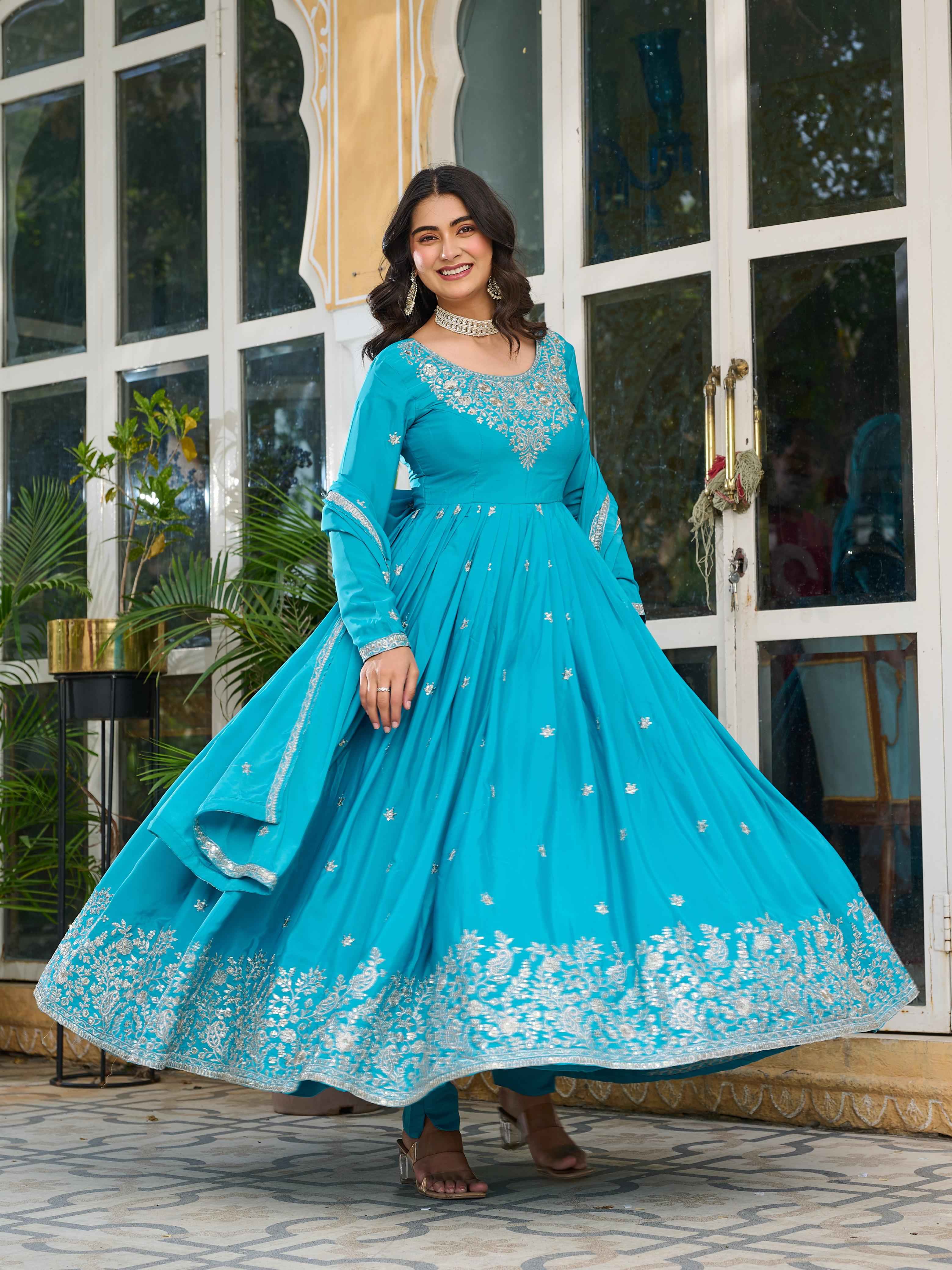 Party Wear Sky Blue Color American Silk Gown For Girls