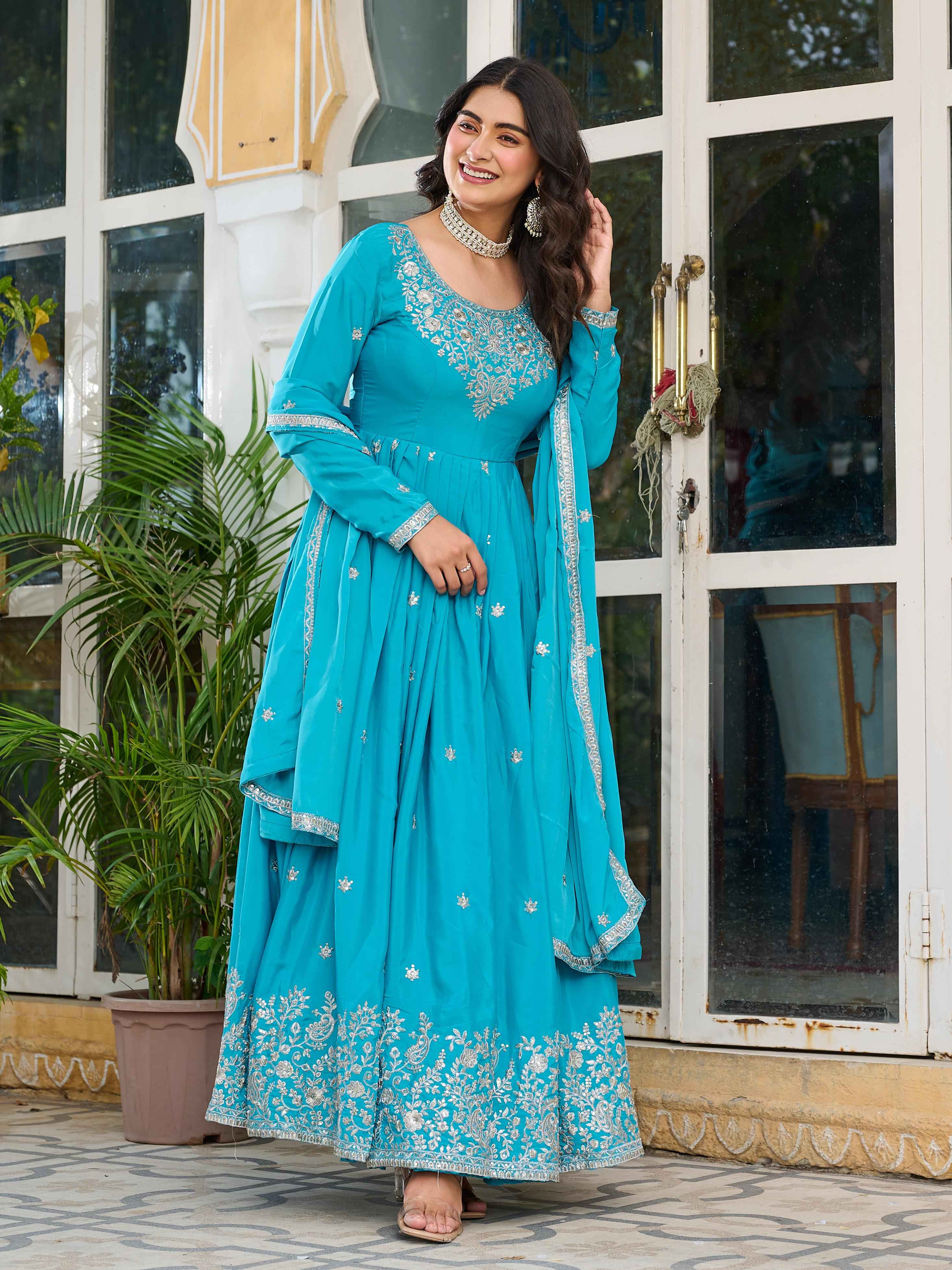 Party Wear Sky Blue Color American Silk Gown For Girls