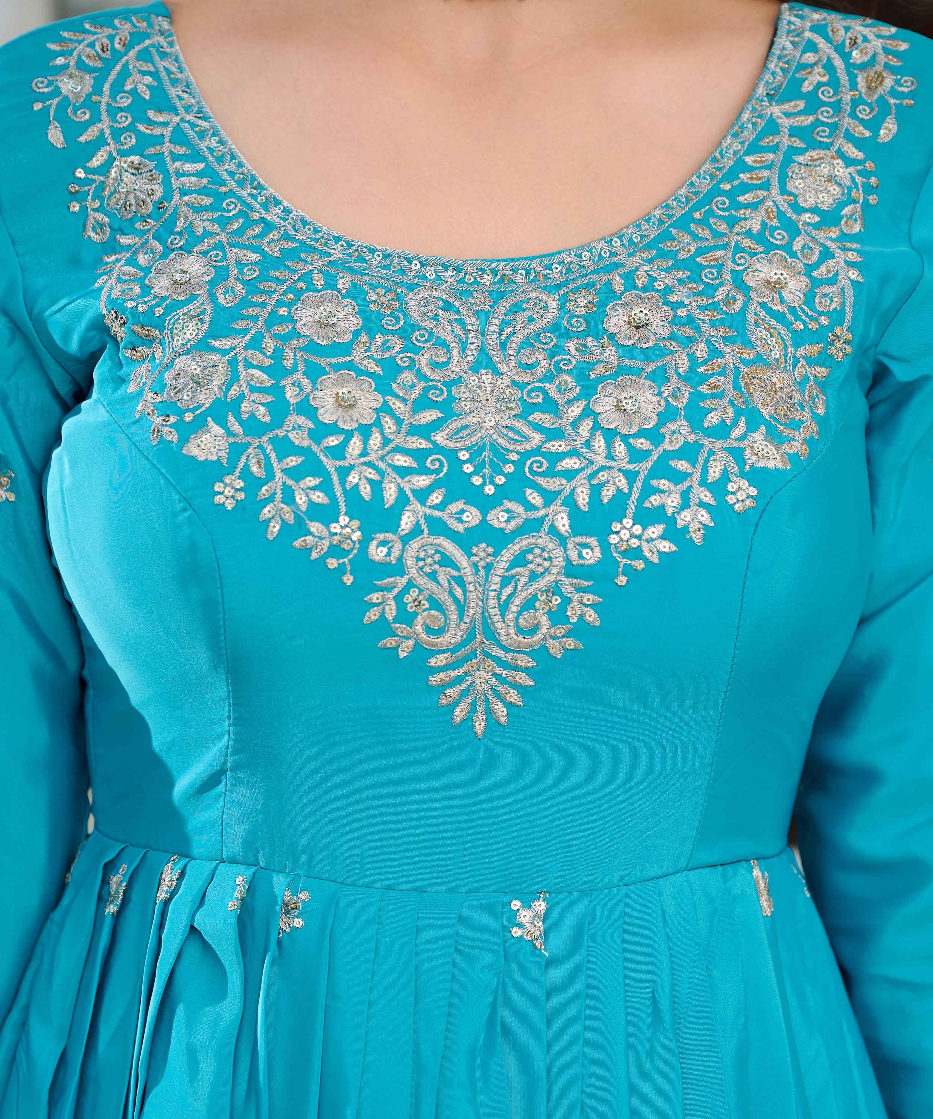 Party Wear Sky Blue Color American Silk Gown For Girls