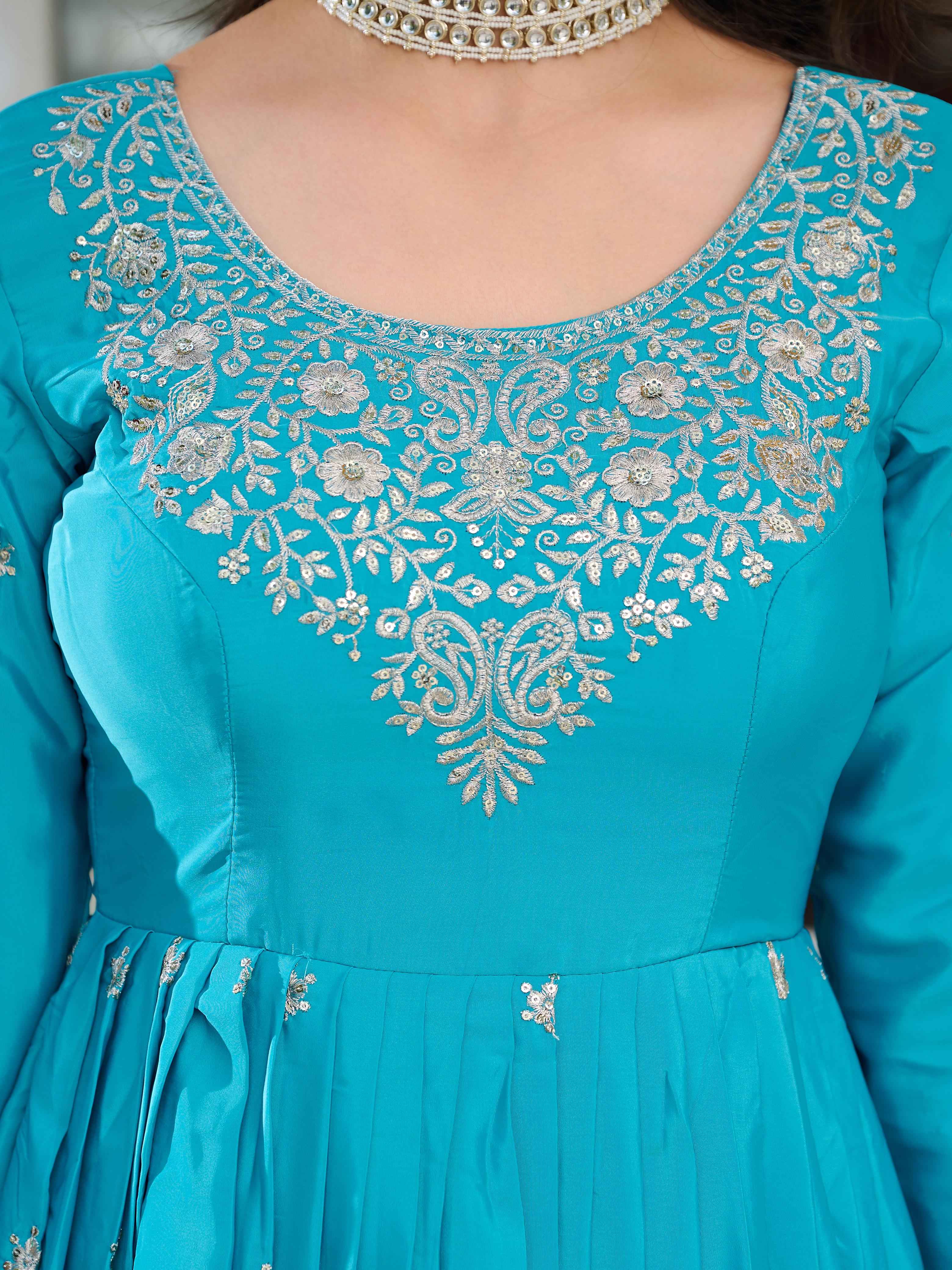 Party Wear Sky Blue Color American Silk Gown For Girls