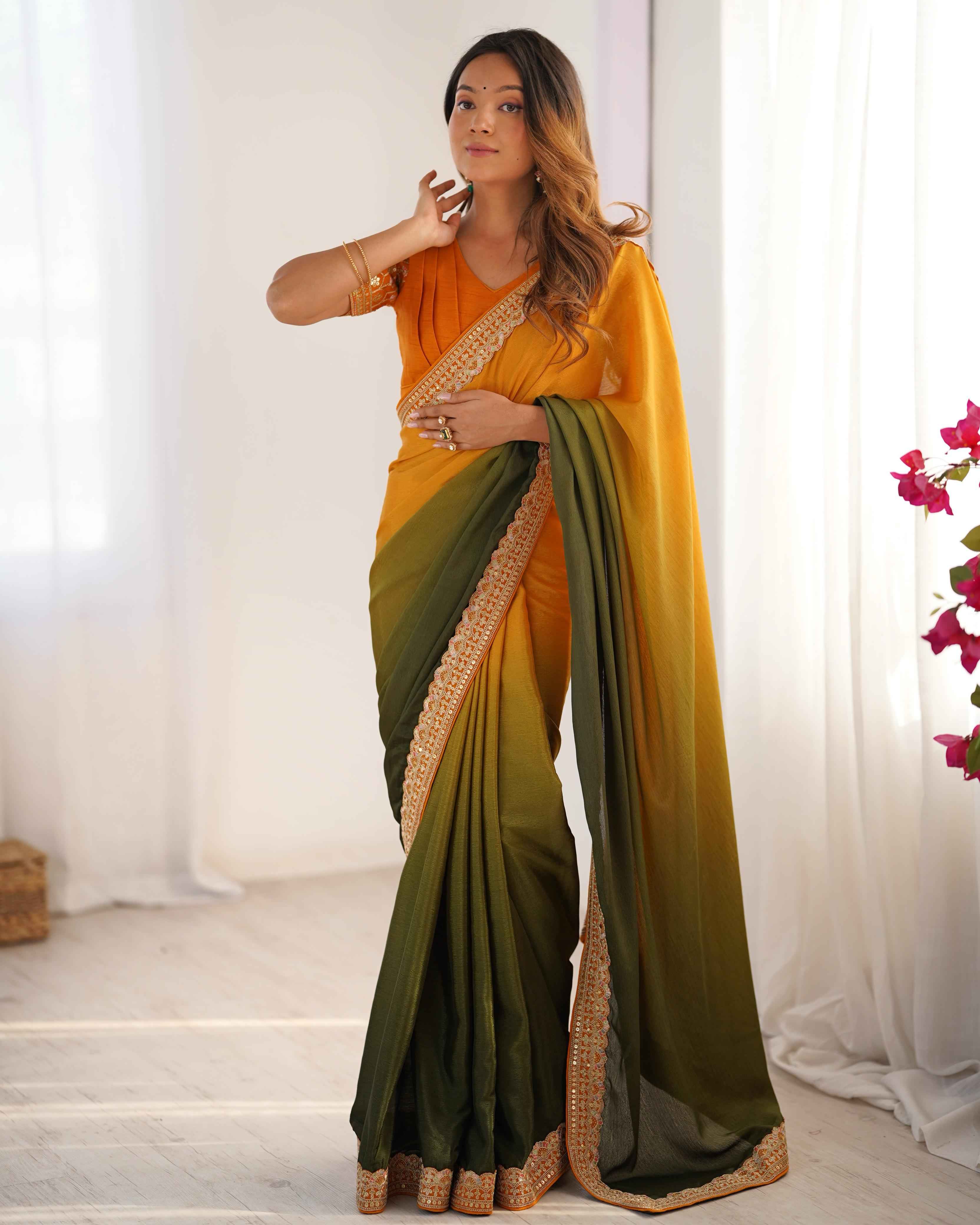 Wedding Wear Multi Color Chinon Silk Saree For Girls
