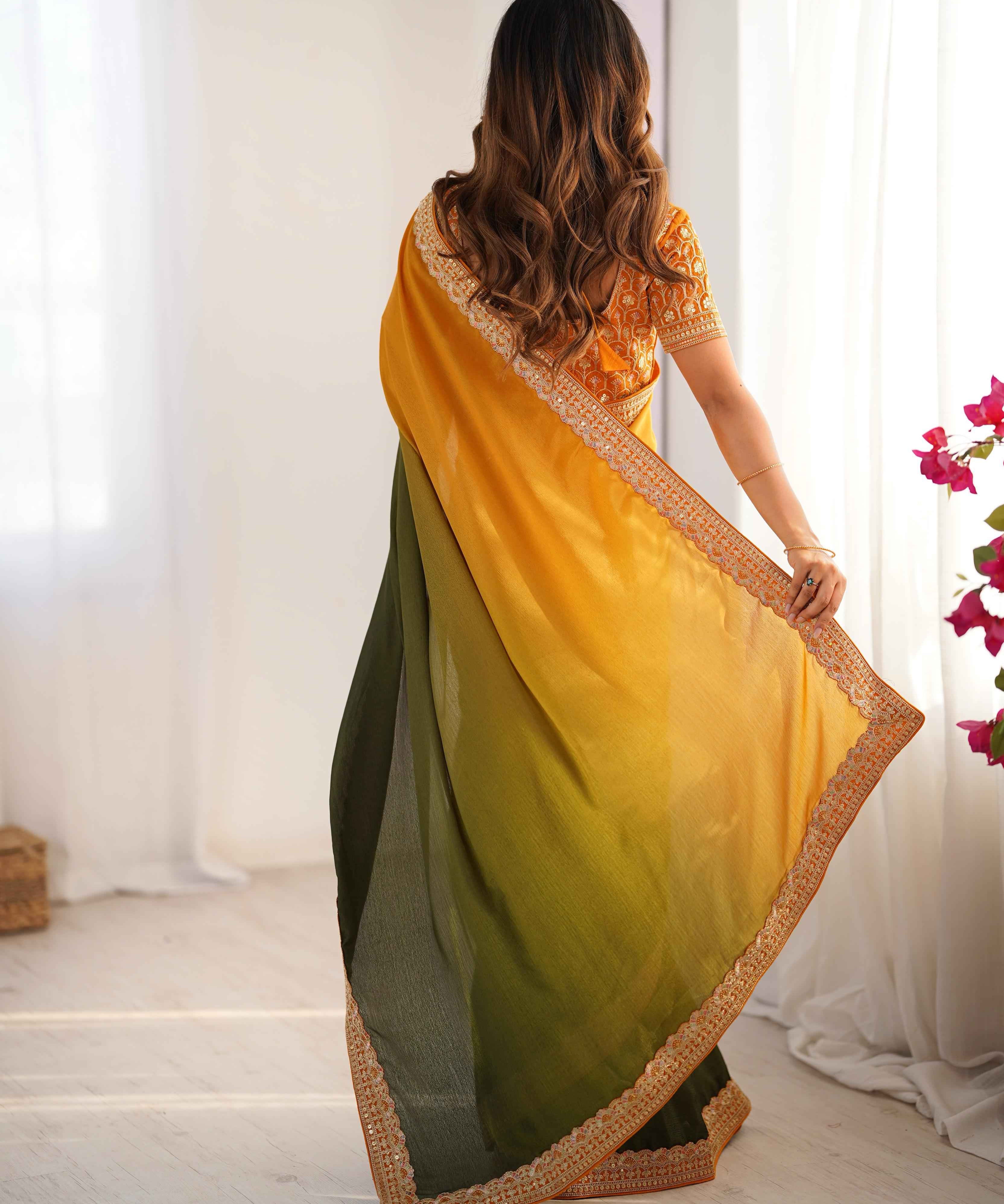 Wedding Wear Multi Color Chinon Silk Saree For Girls