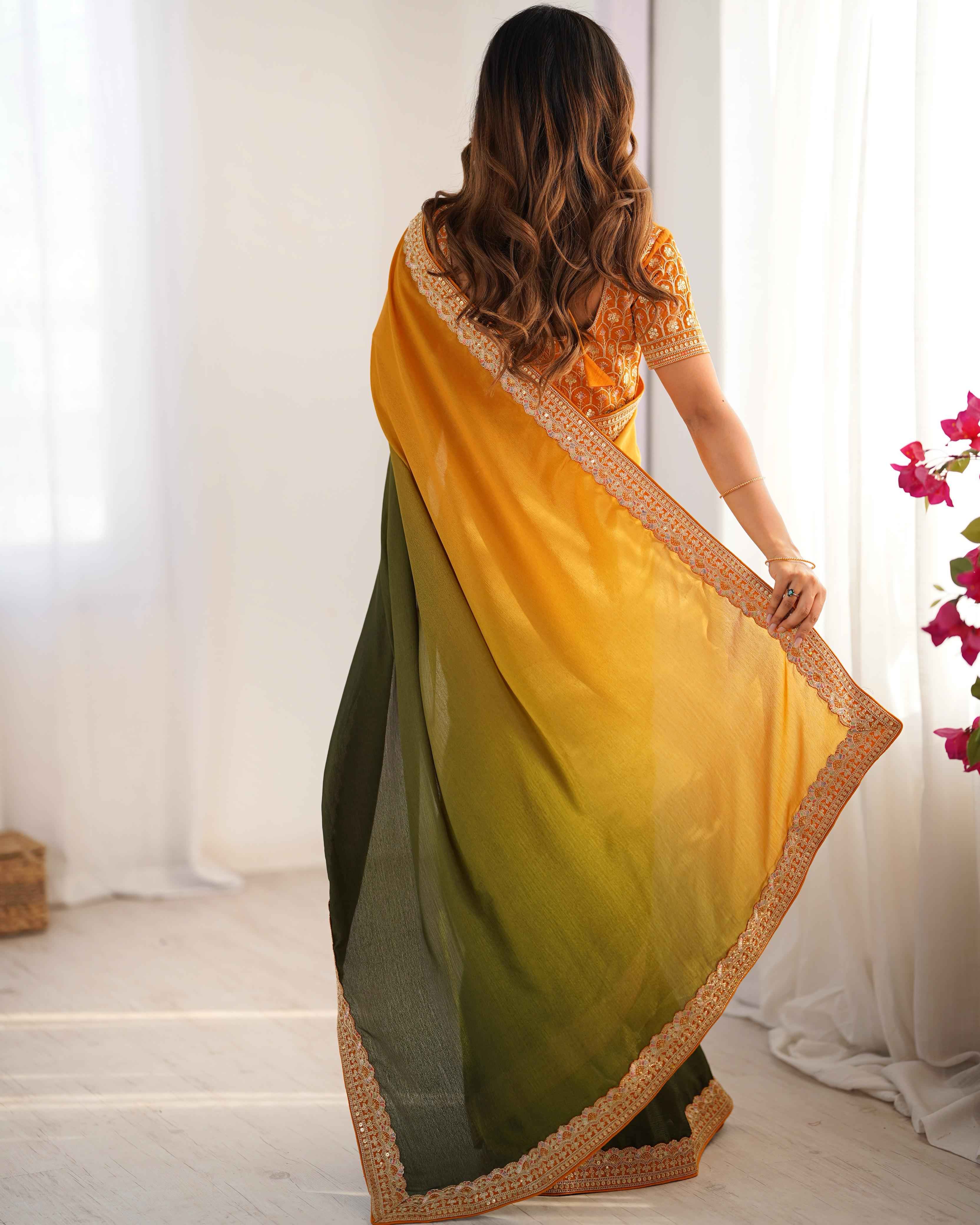 Wedding Wear Multi Color Chinon Silk Saree For Girls