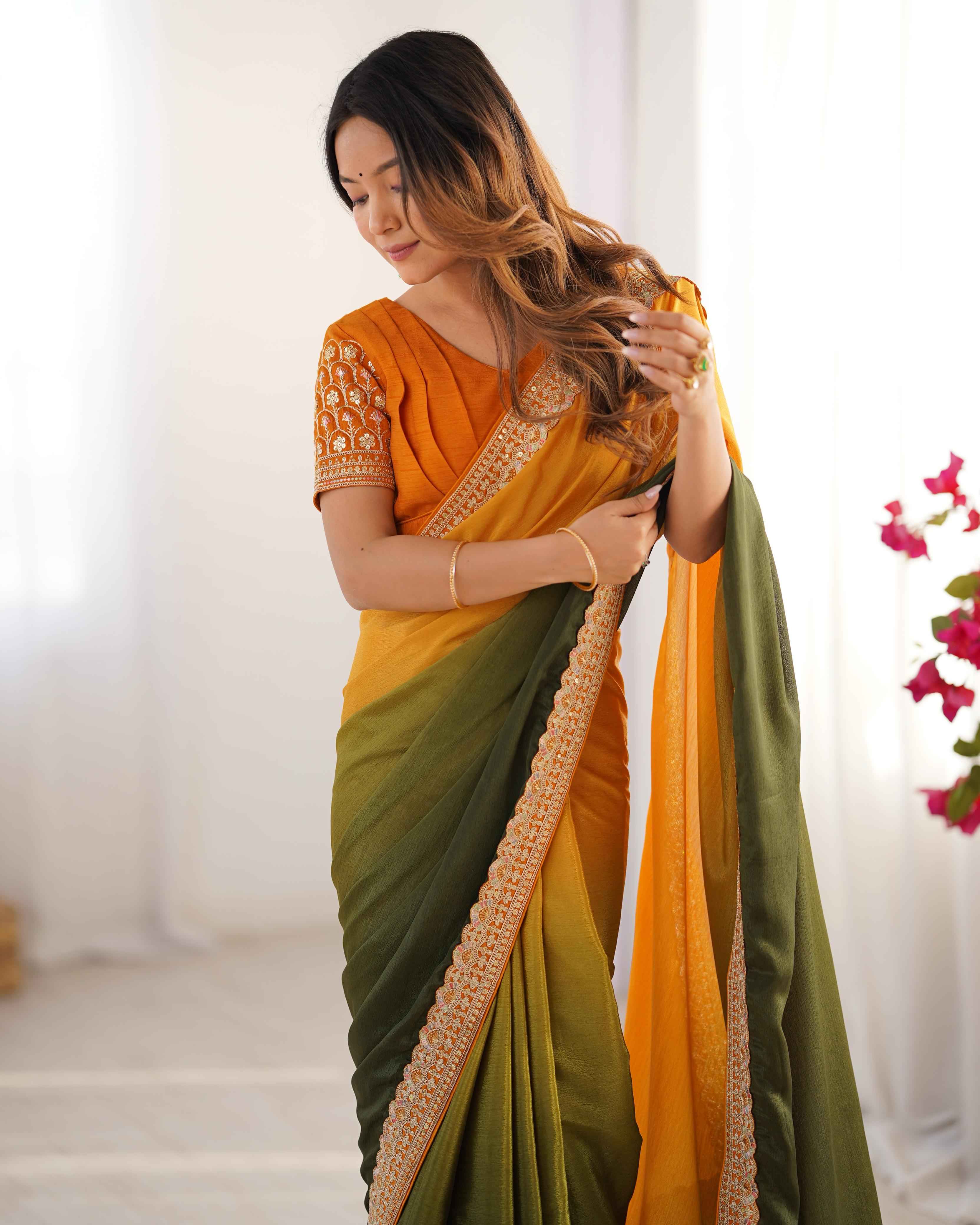 Wedding Wear Multi Color Chinon Silk Saree For Girls