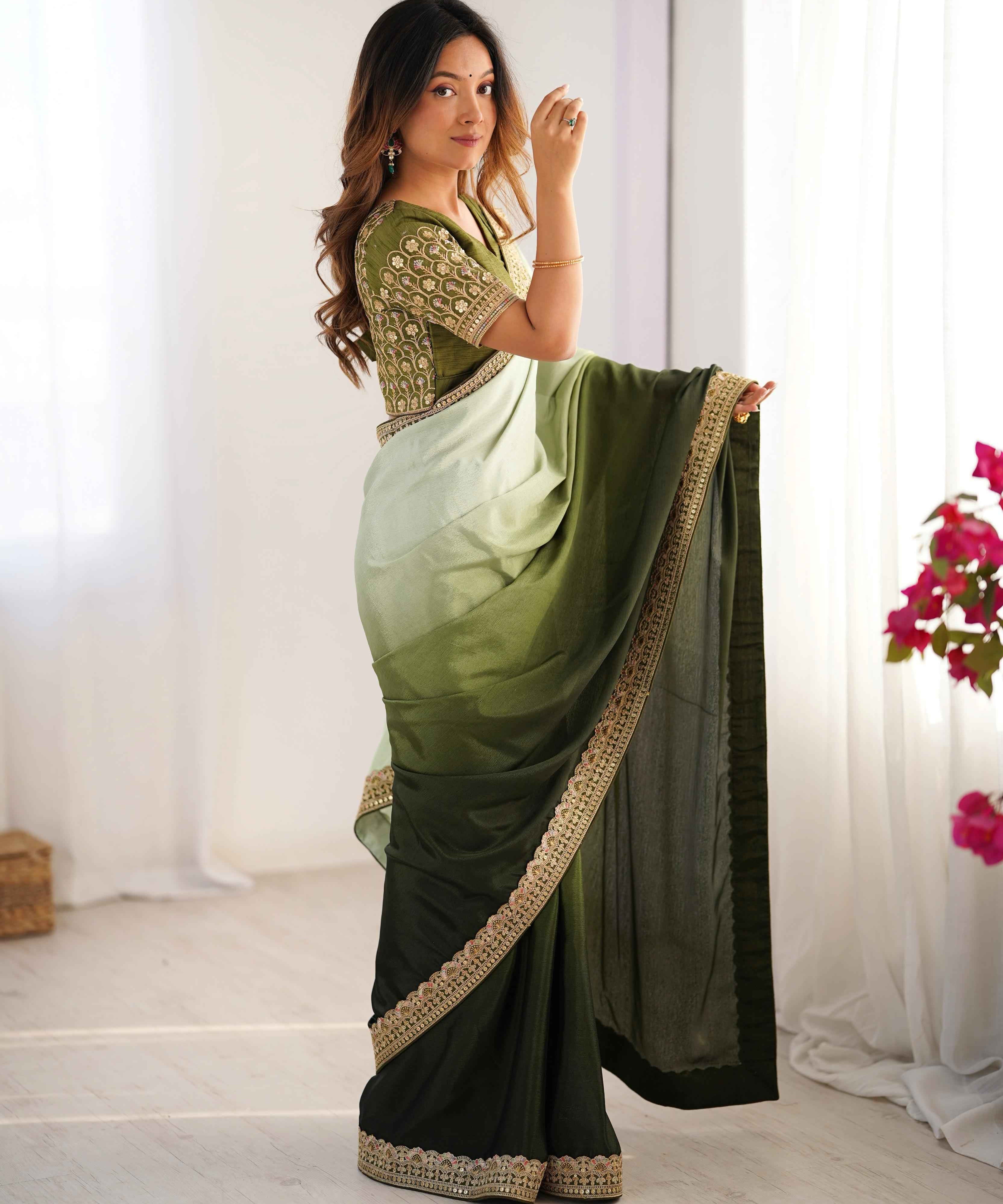 Party Wear Multi Color Chinon Silk Saree For Girls