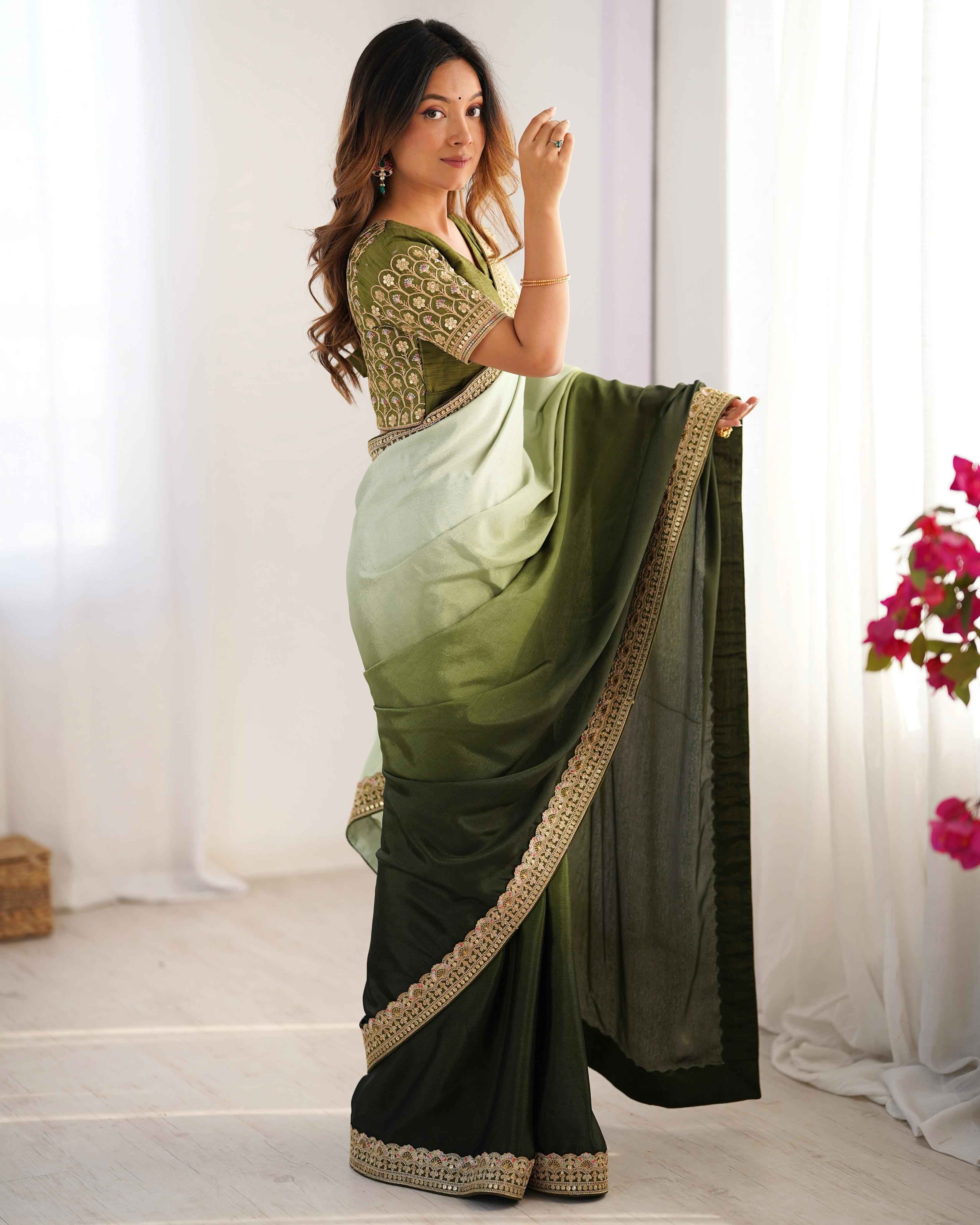Party Wear Multi Color Chinon Silk Saree For Girls