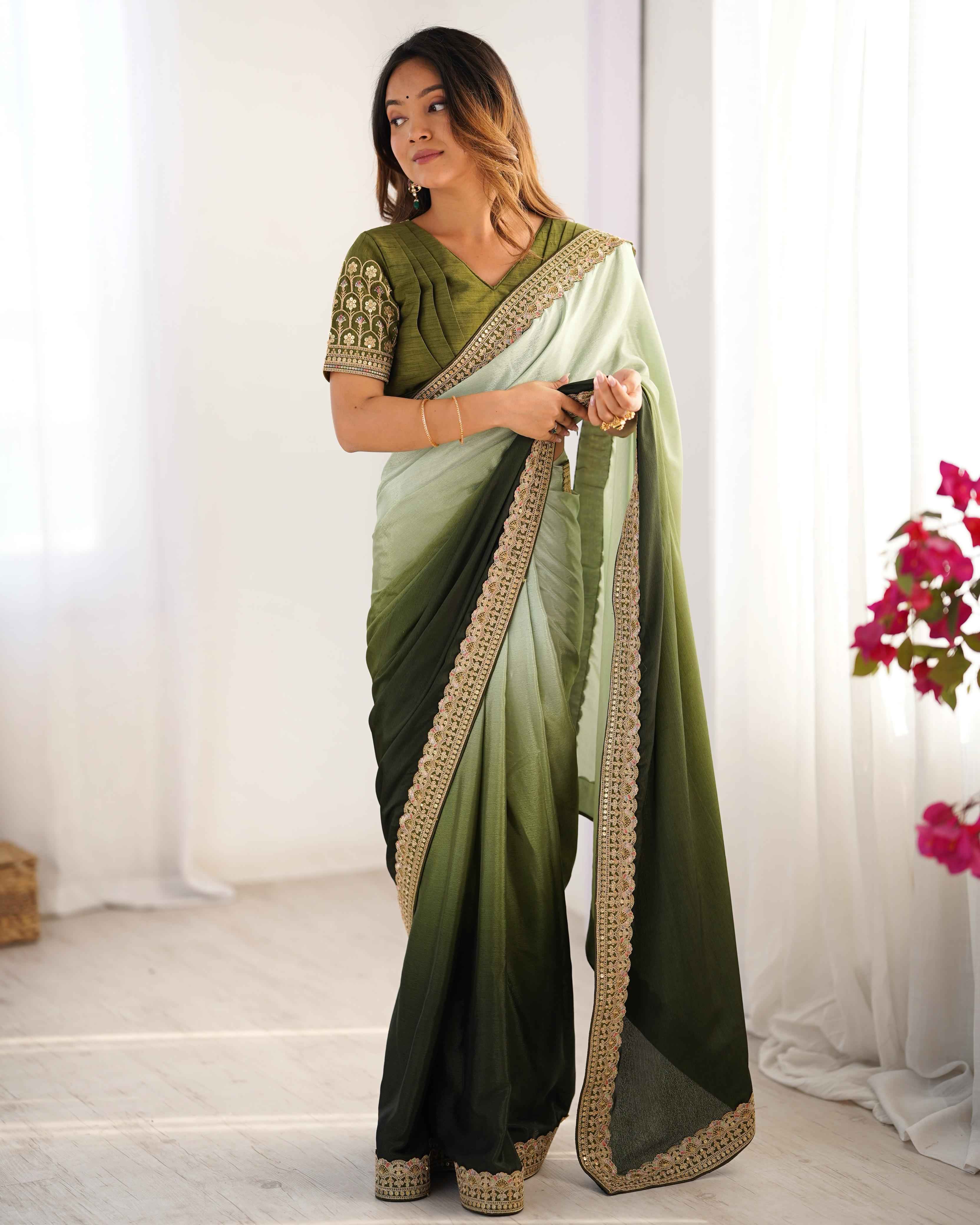 Party Wear Multi Color Chinon Silk Saree For Girls