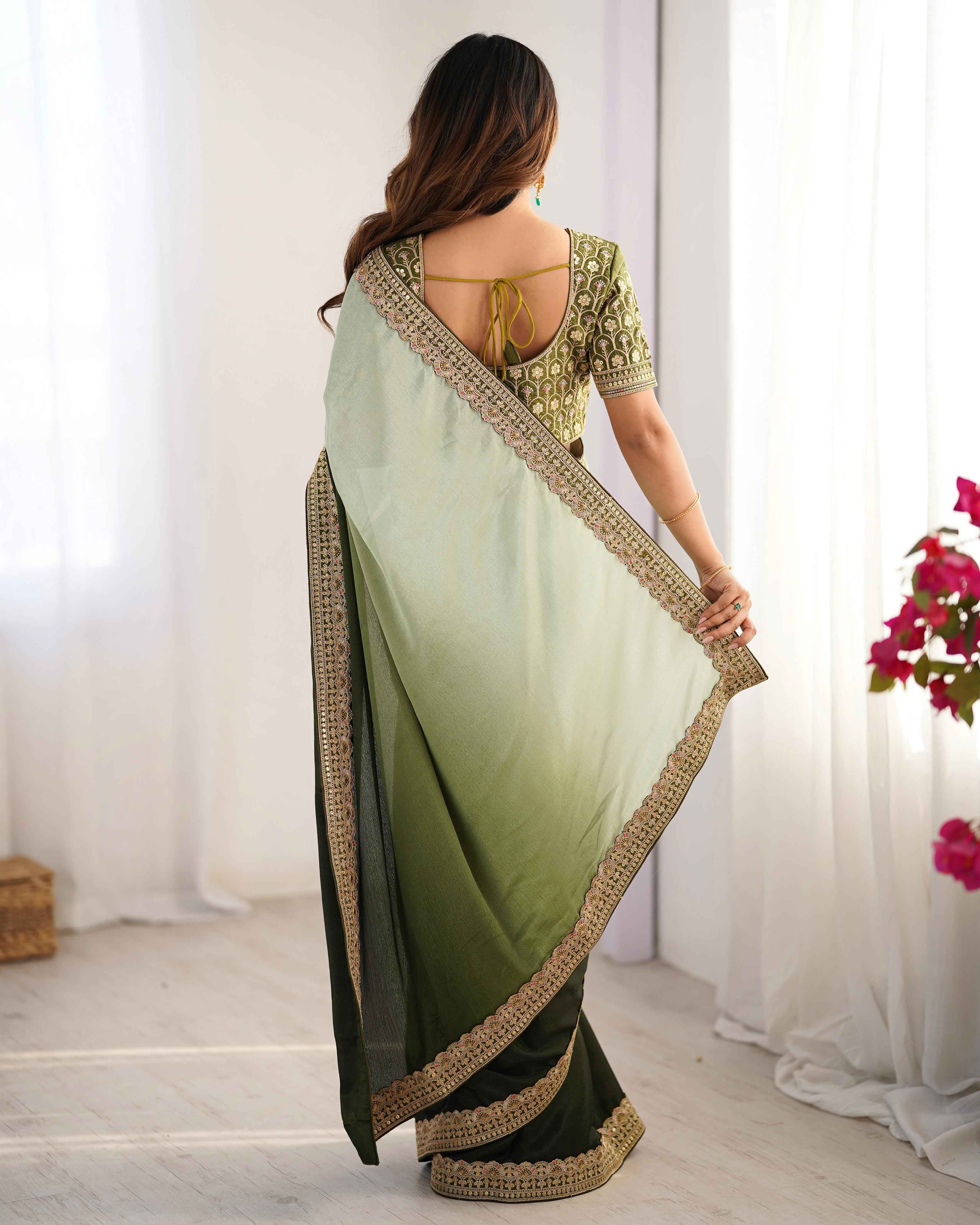 Party Wear Multi Color Chinon Silk Saree For Girls