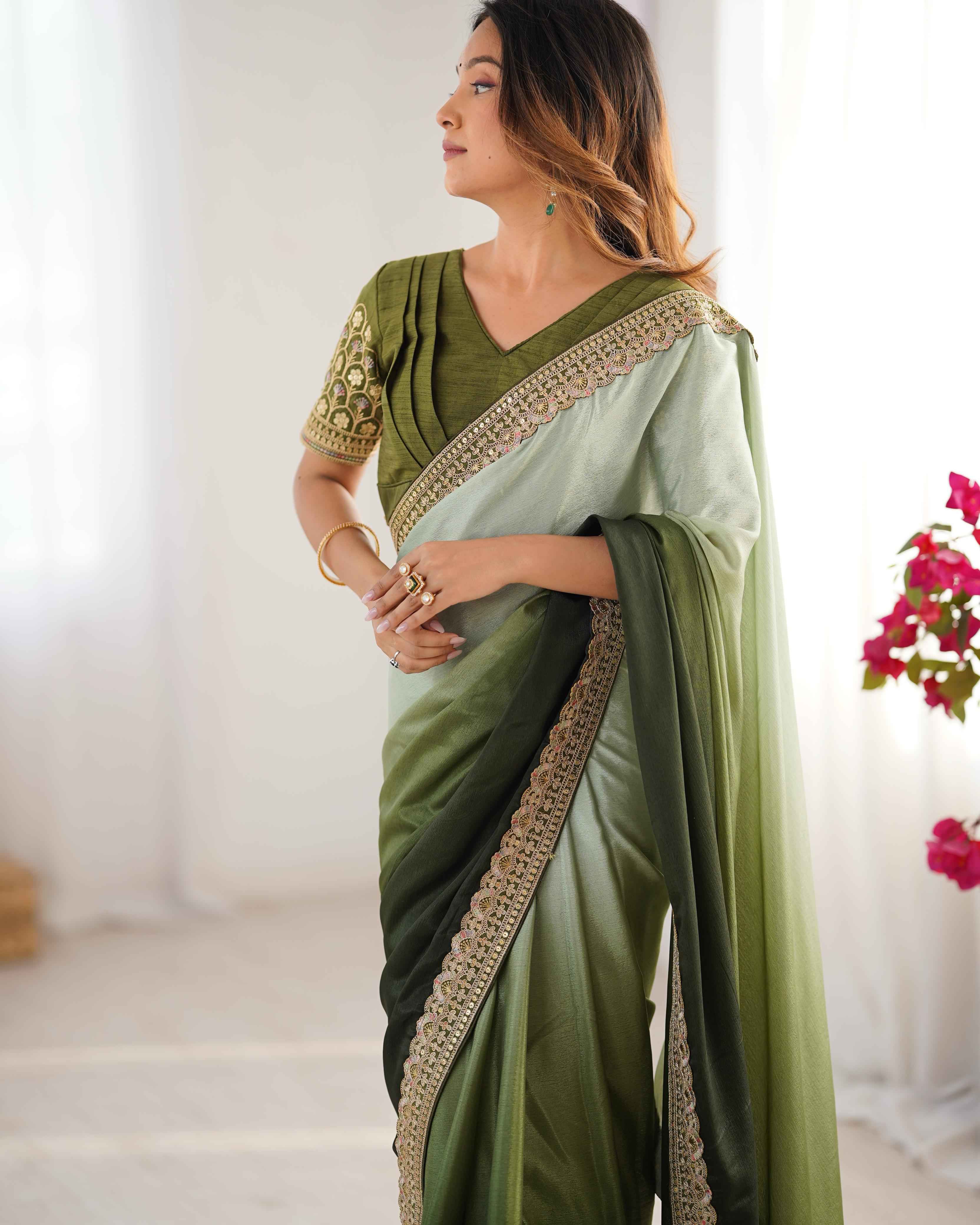 Party Wear Multi Color Chinon Silk Saree For Girls