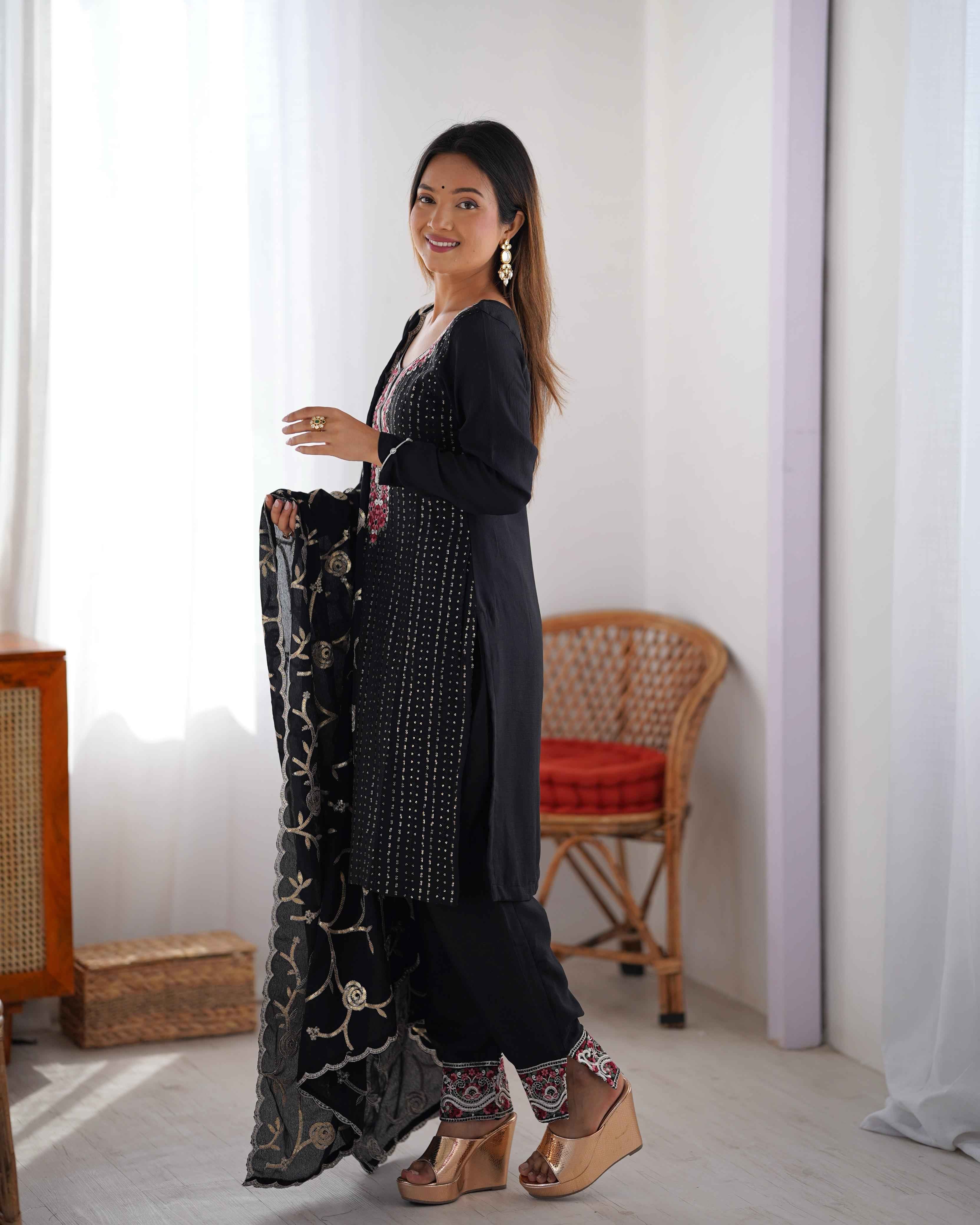 Party Wear Black Color Chinon Silk Kurti For Girls