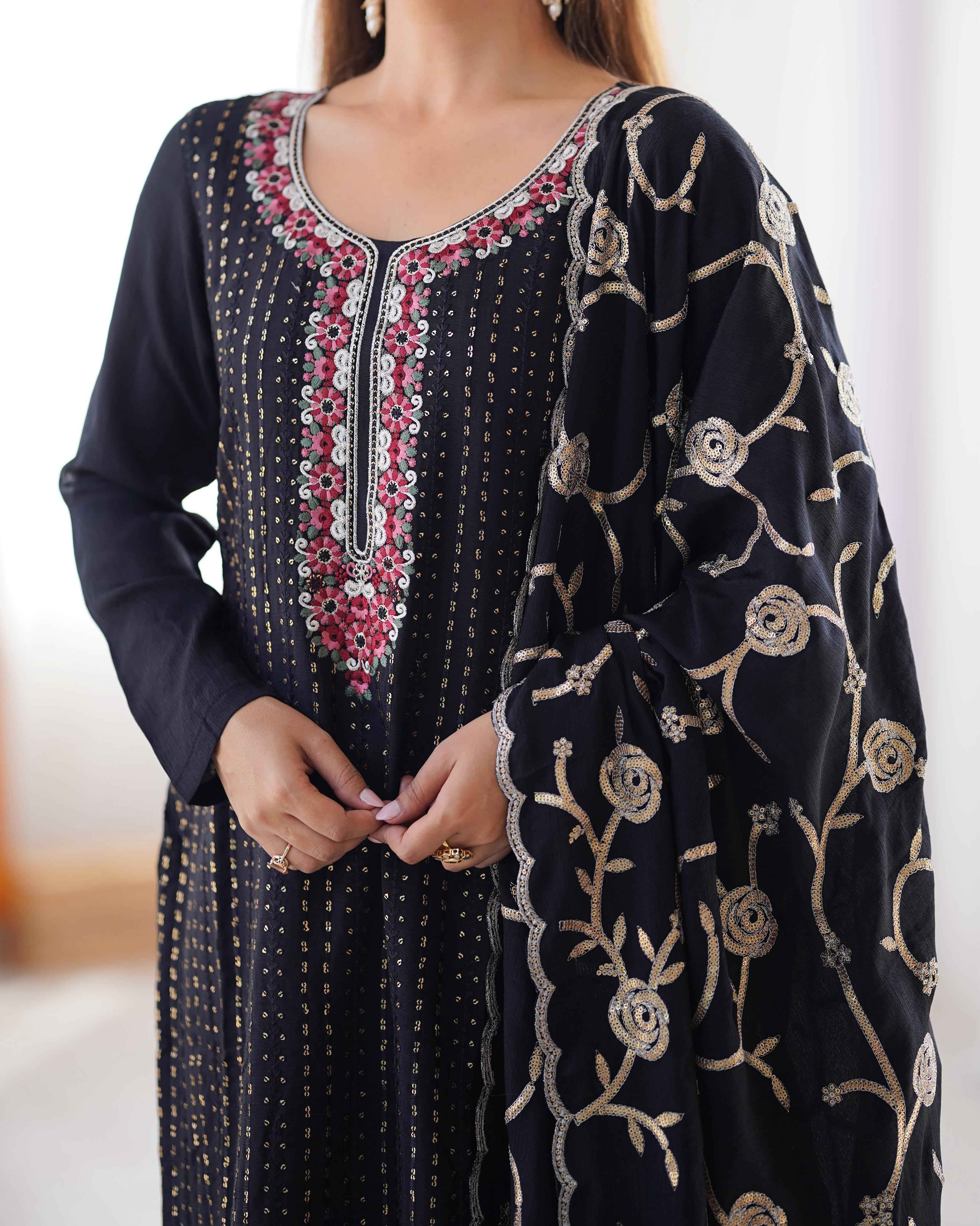 Party Wear Black Color Chinon Silk Kurti For Girls