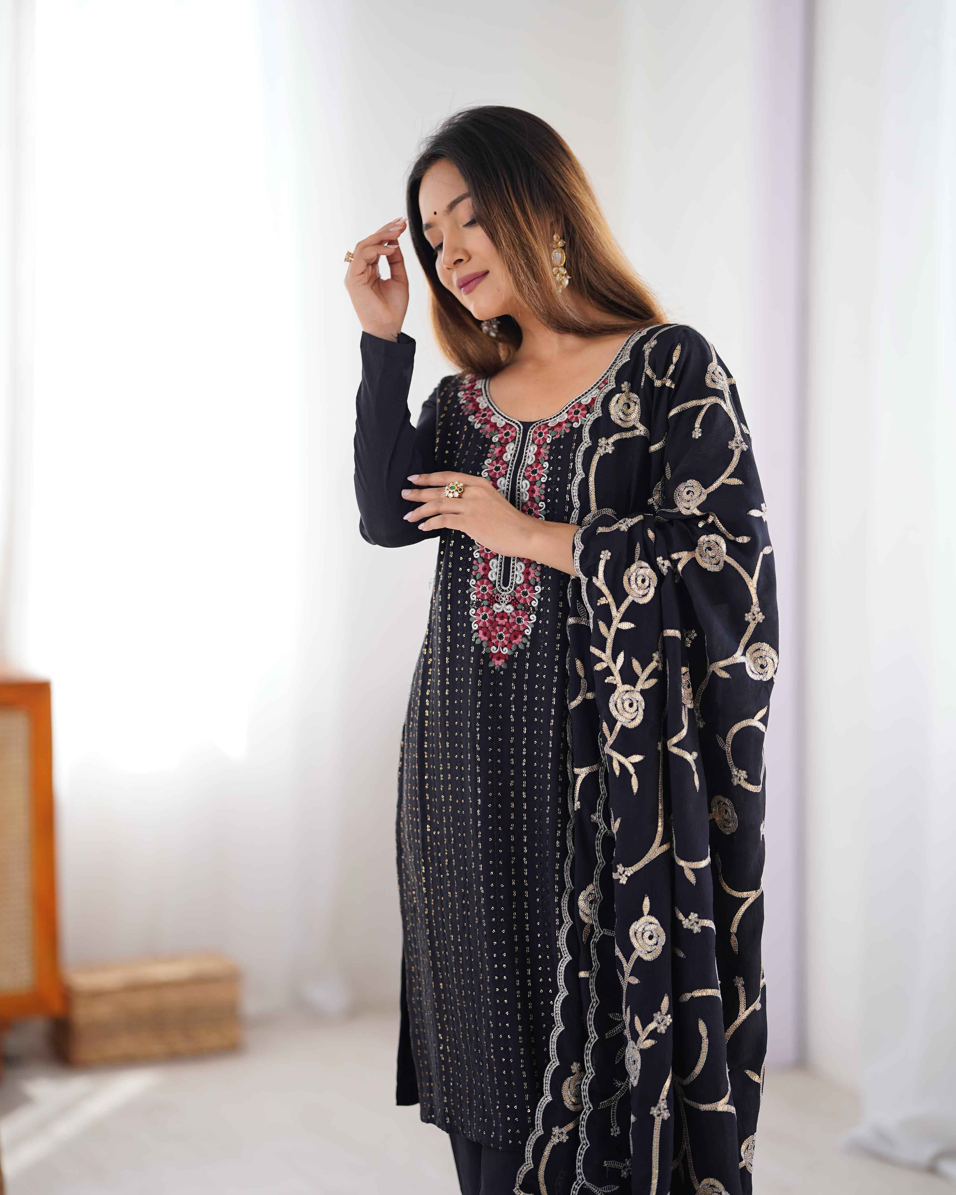 Party Wear Black Color Chinon Silk Kurti For Girls