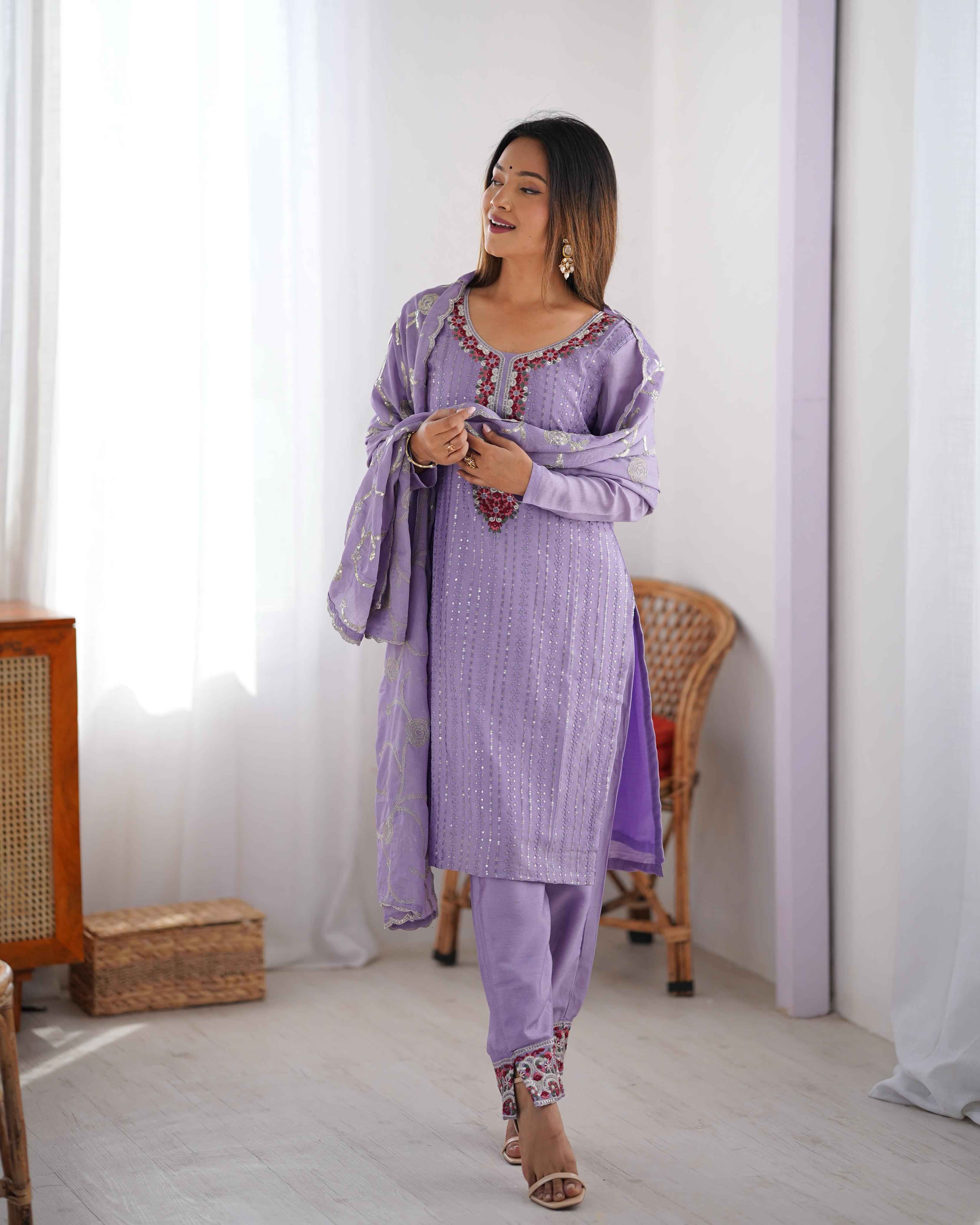 Wedding Wear Purple Color Chinon Silk Kurti For Girls