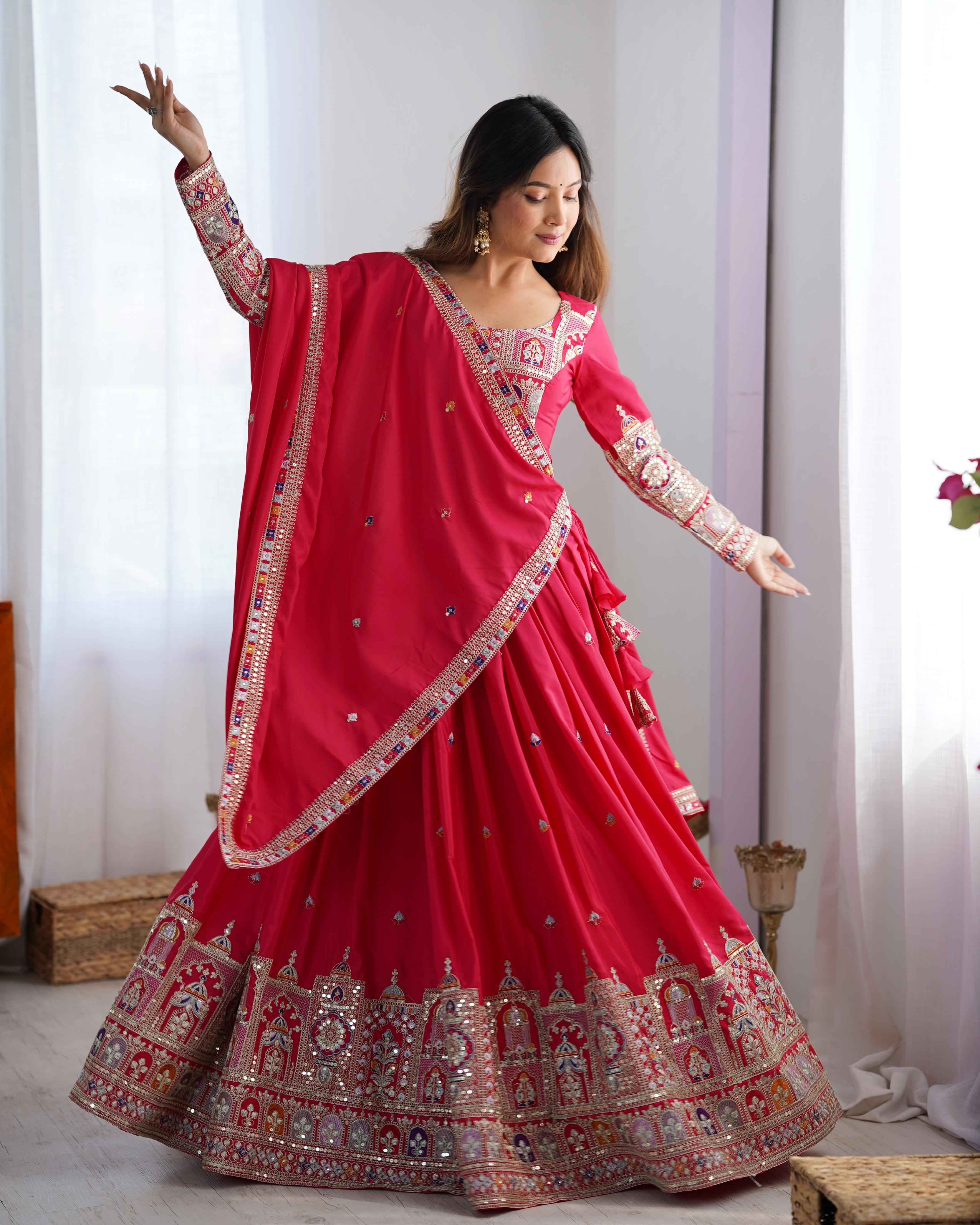 Wedding Wear Pink Color Natural Crep Silk Lehenga For Women