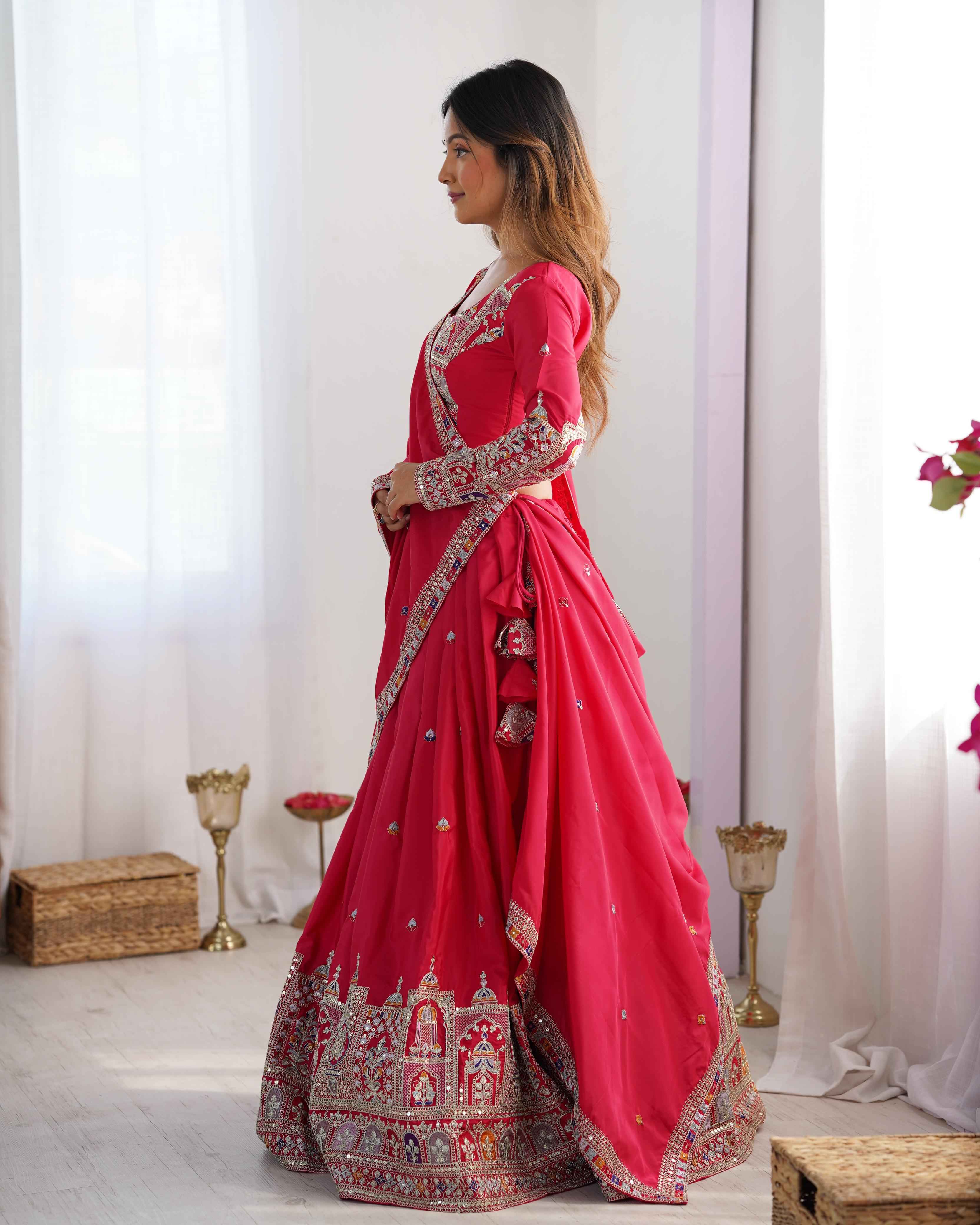 Wedding Wear Pink Color Natural Crep Silk Lehenga For Women