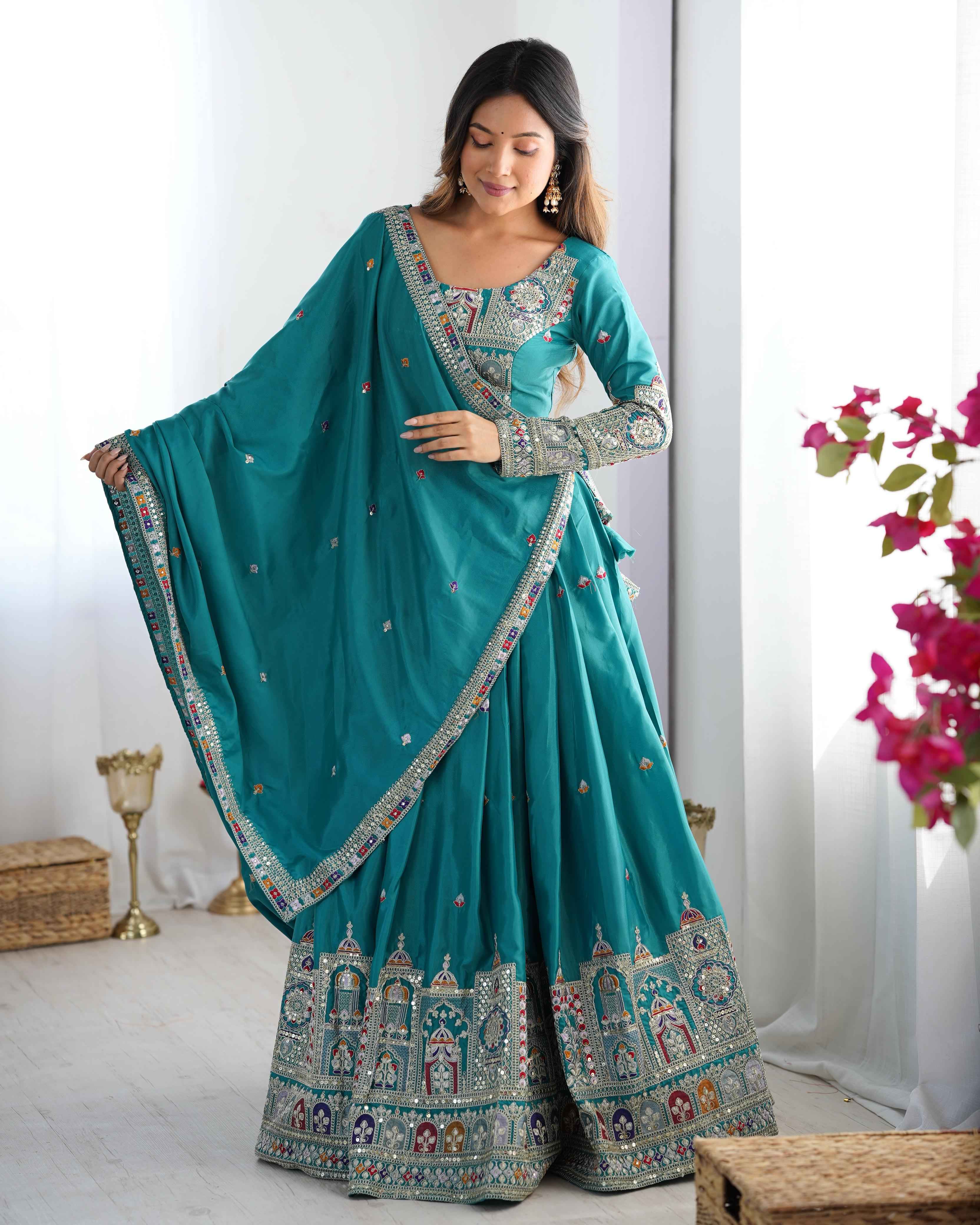 Party Wear Sky Blue Color Natural Crep Silk Lehenga For Women