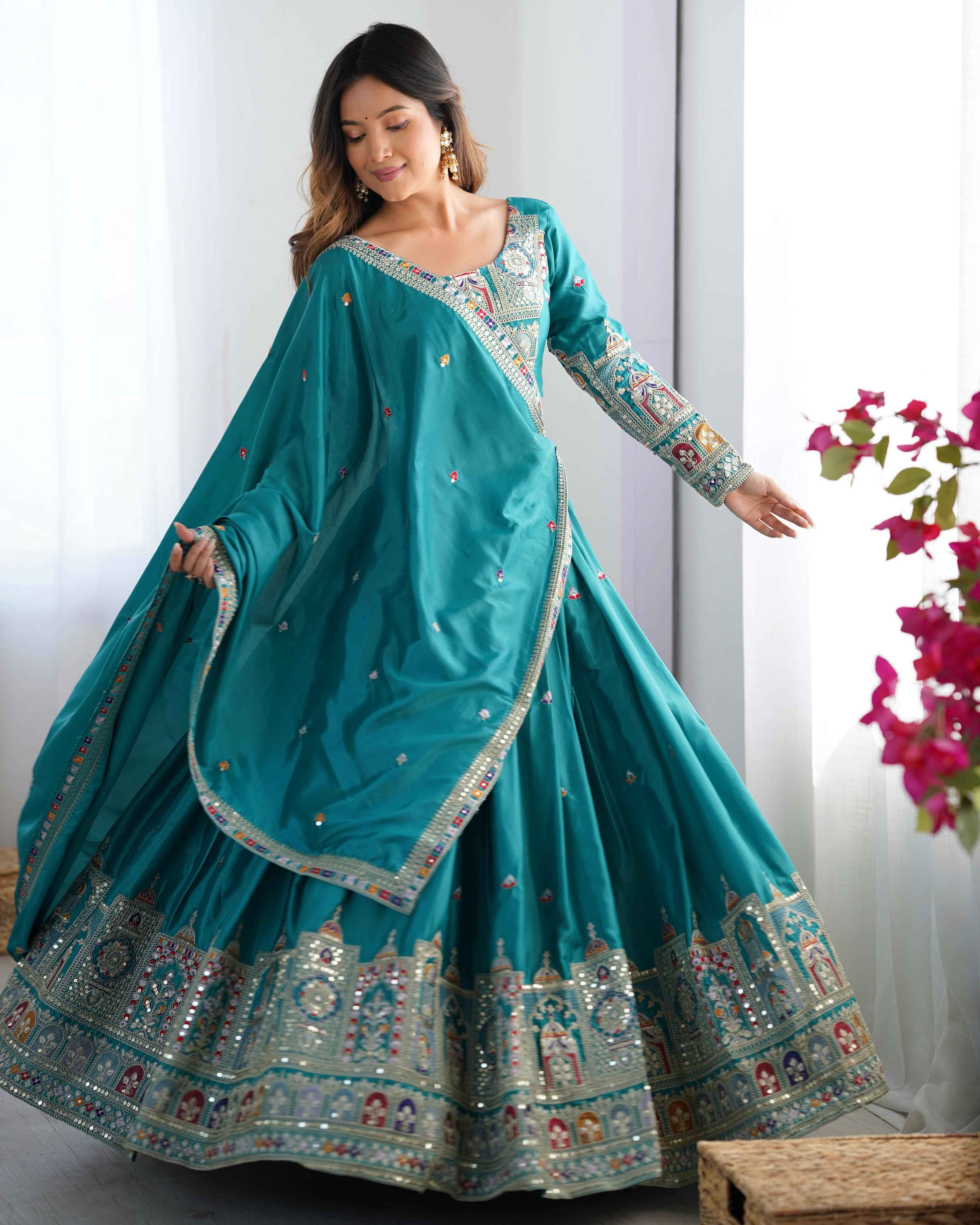 Party Wear Sky Blue Color Natural Crep Silk Lehenga For Women