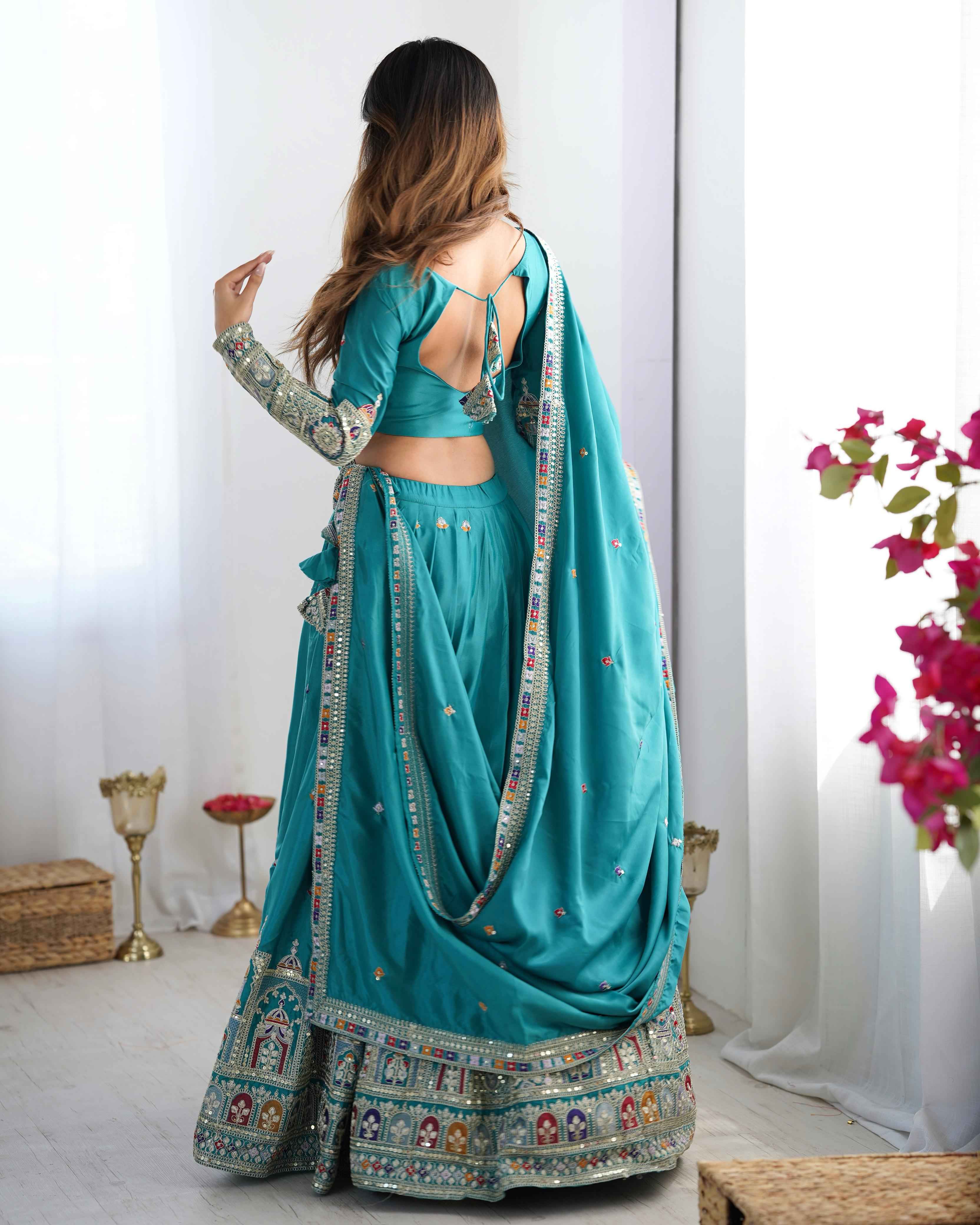 Party Wear Sky Blue Color Natural Crep Silk Lehenga For Women