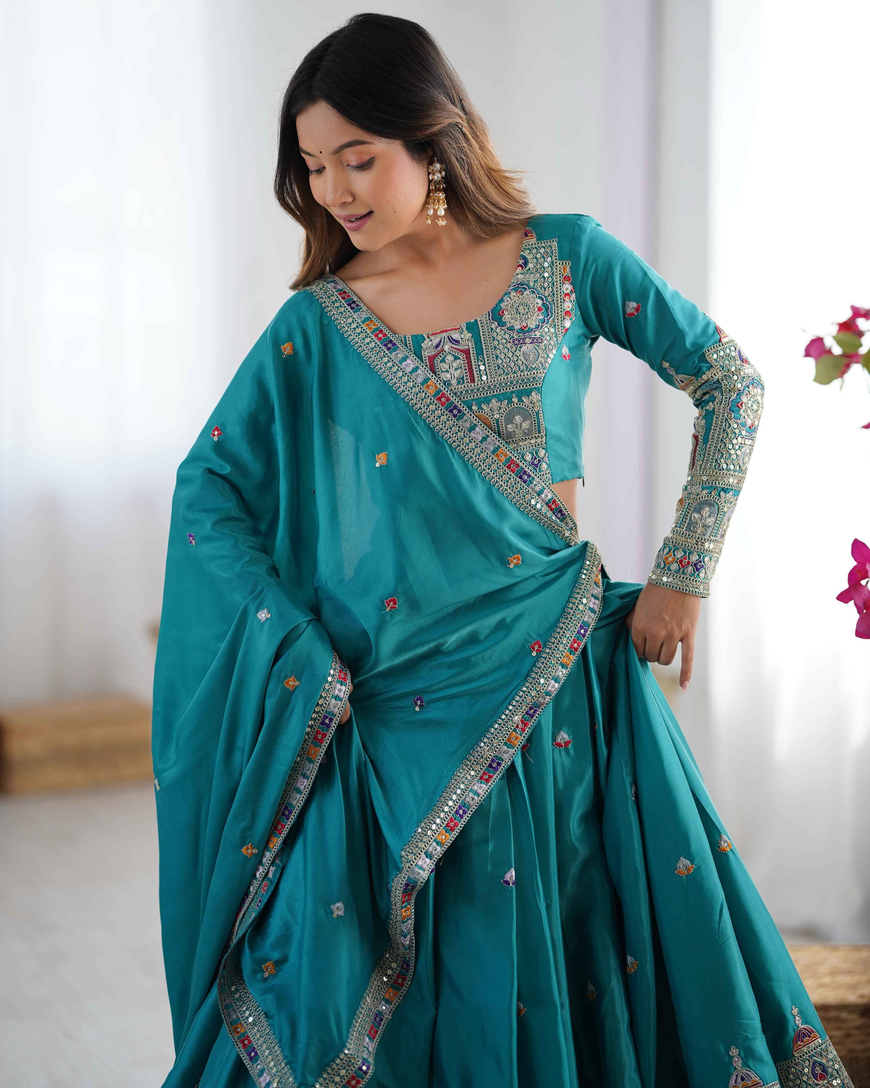 Party Wear Sky Blue Color Natural Crep Silk Lehenga For Women