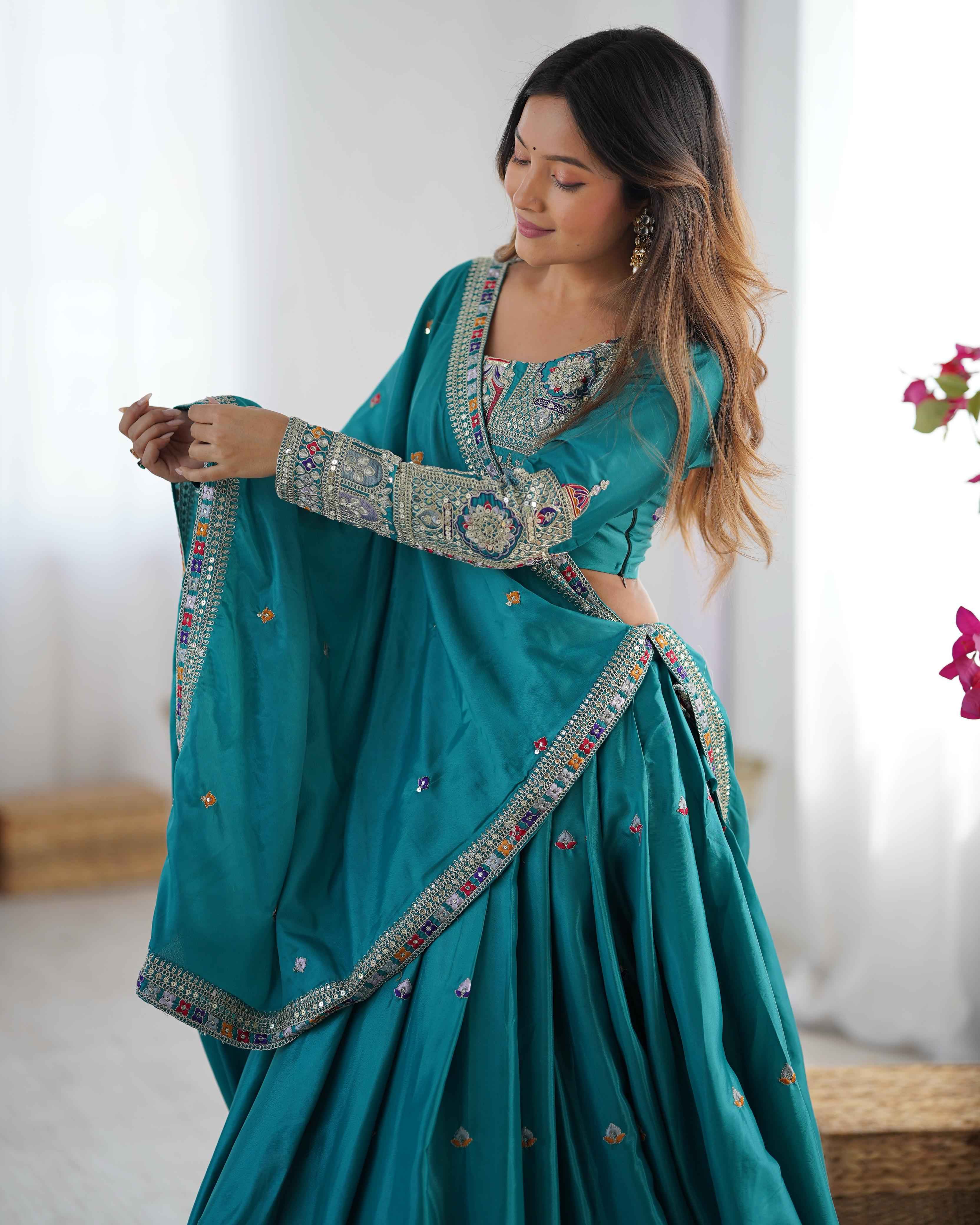 Party Wear Sky Blue Color Natural Crep Silk Lehenga For Women