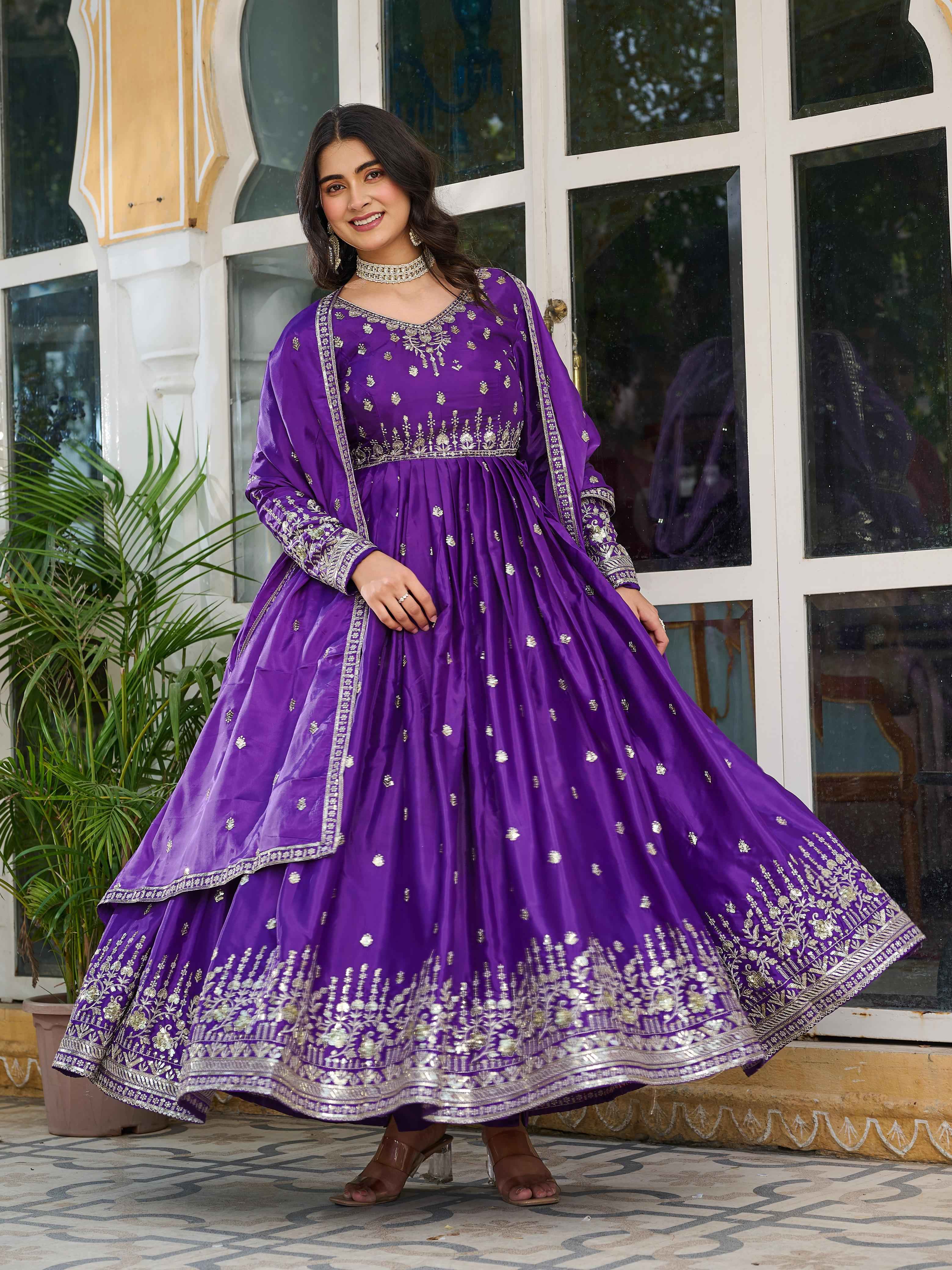 Party Wear Purple Color American Silk Gown For Girls