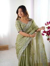 Party Wear Pista Color Jimmy Chu Saree For Women