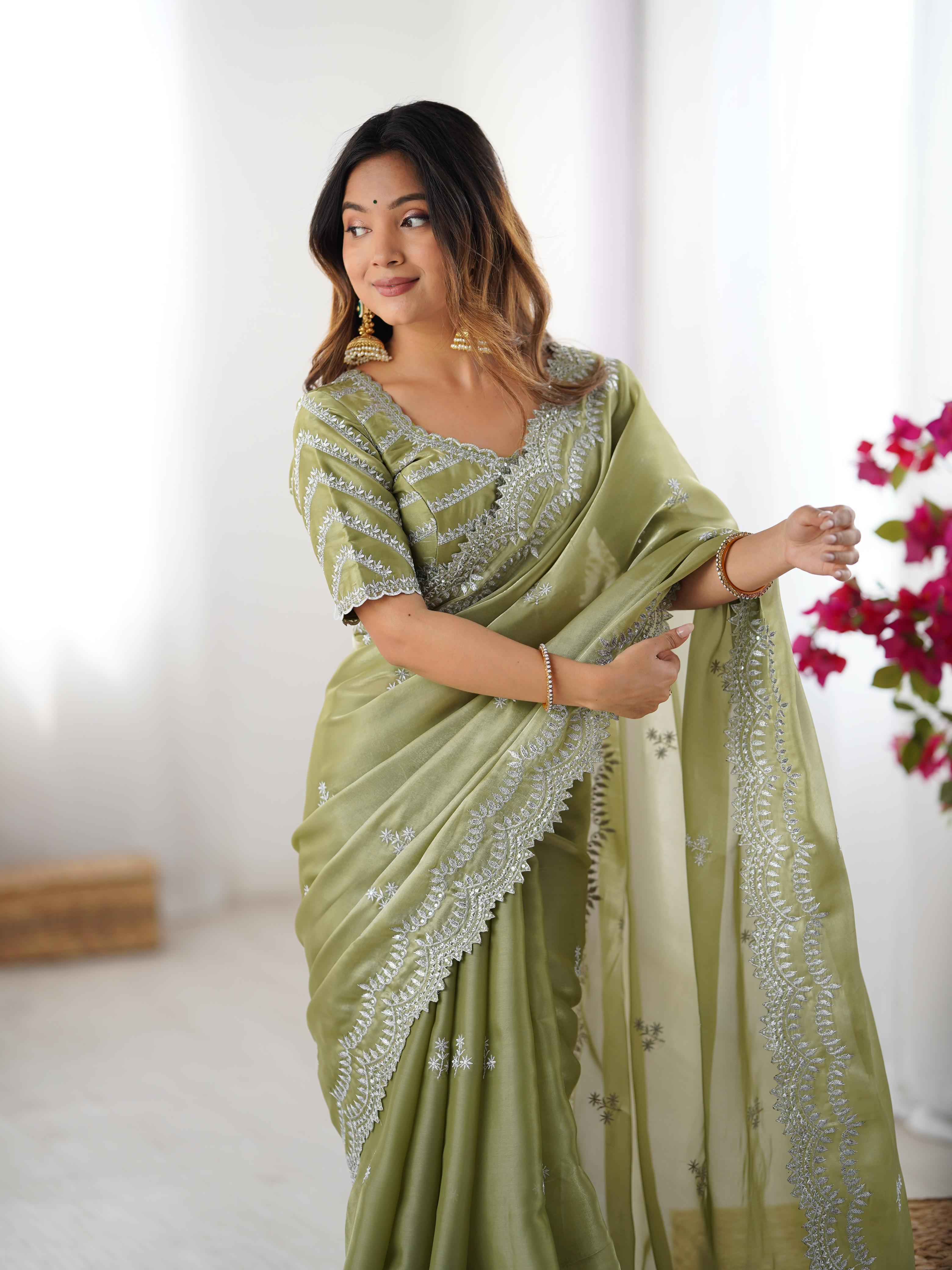 Party Wear Pista Color Jimmy Chu Saree For Women