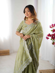 Party Wear Pista Color Jimmy Chu Saree For Women