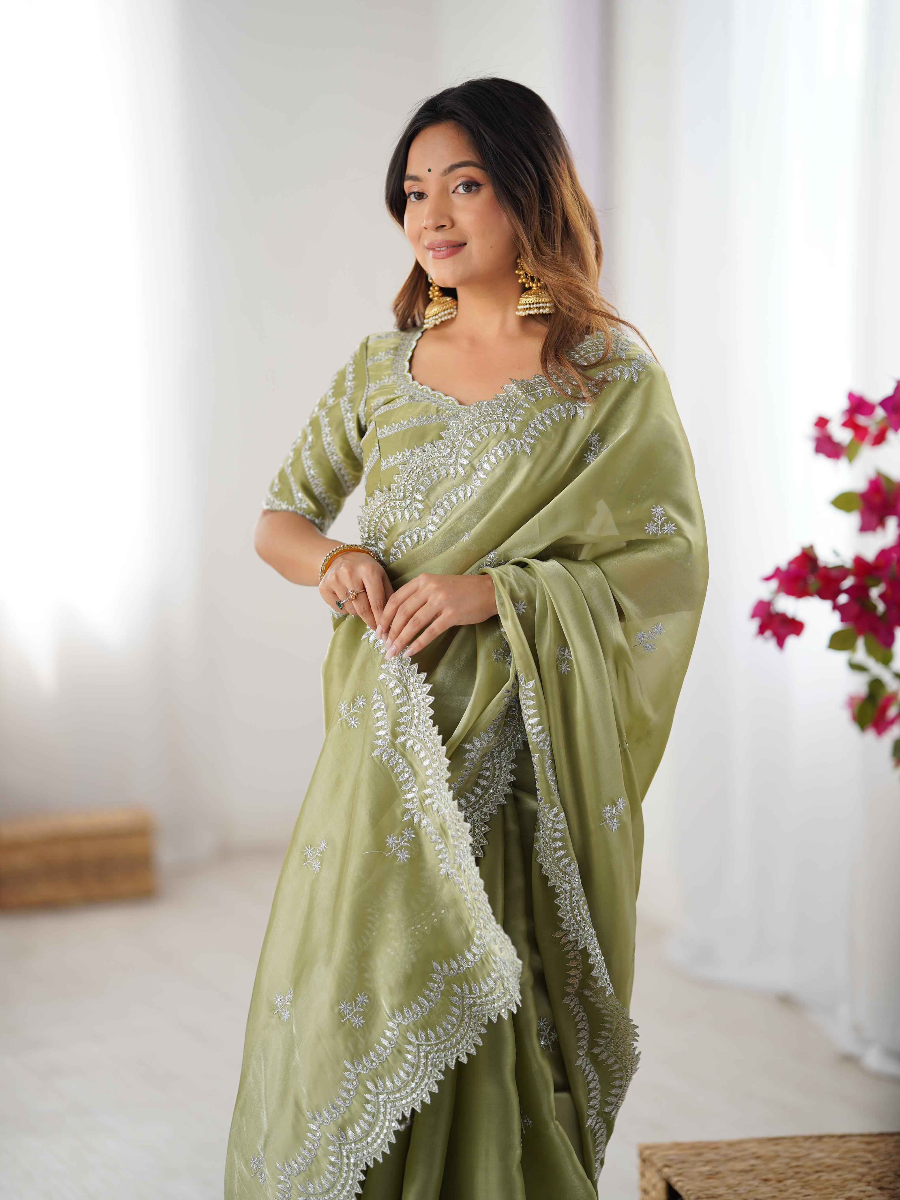 Party Wear Pista Color Jimmy Chu Saree For Women