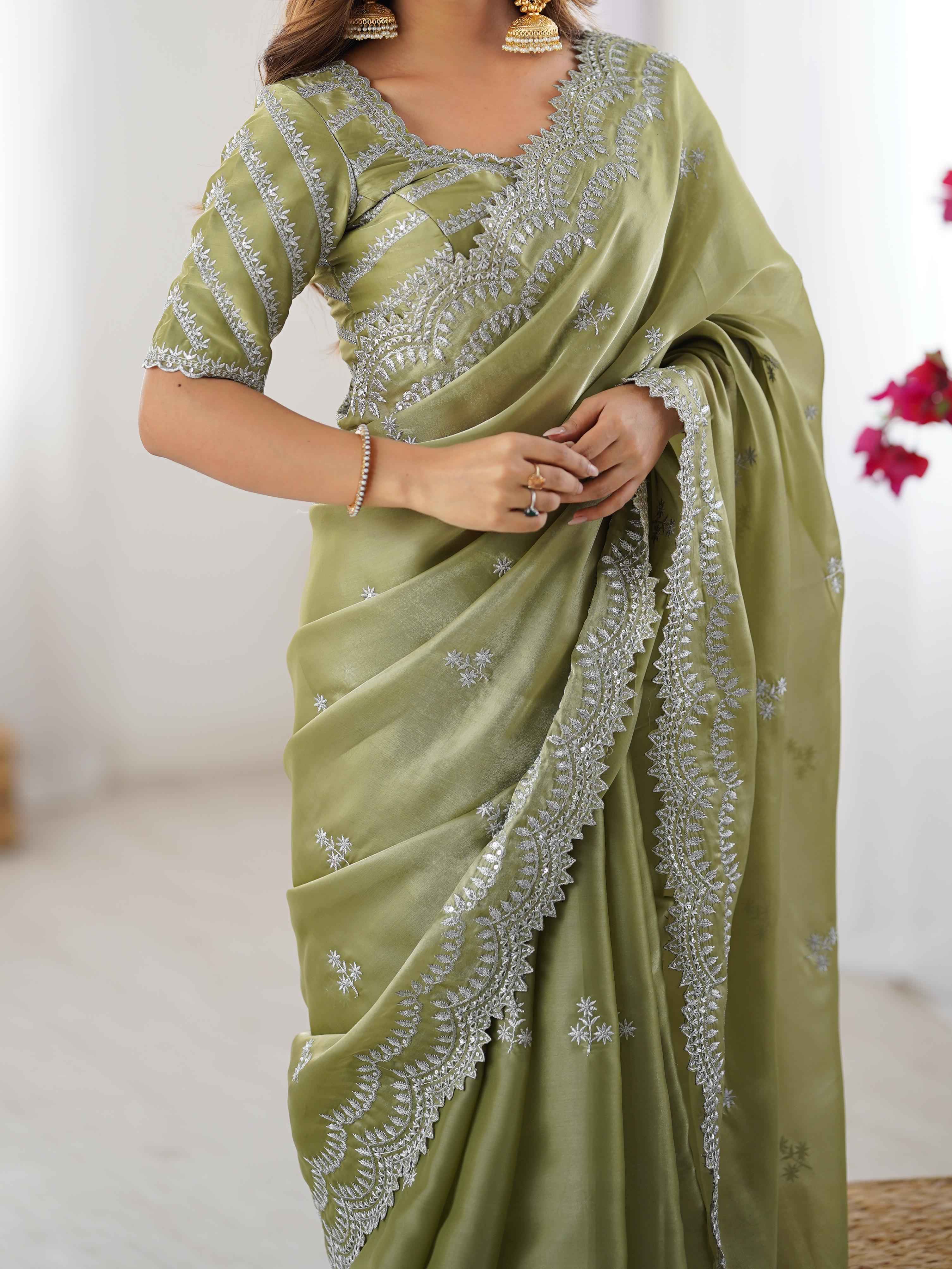 Party Wear Pista Color Jimmy Chu Saree For Women
