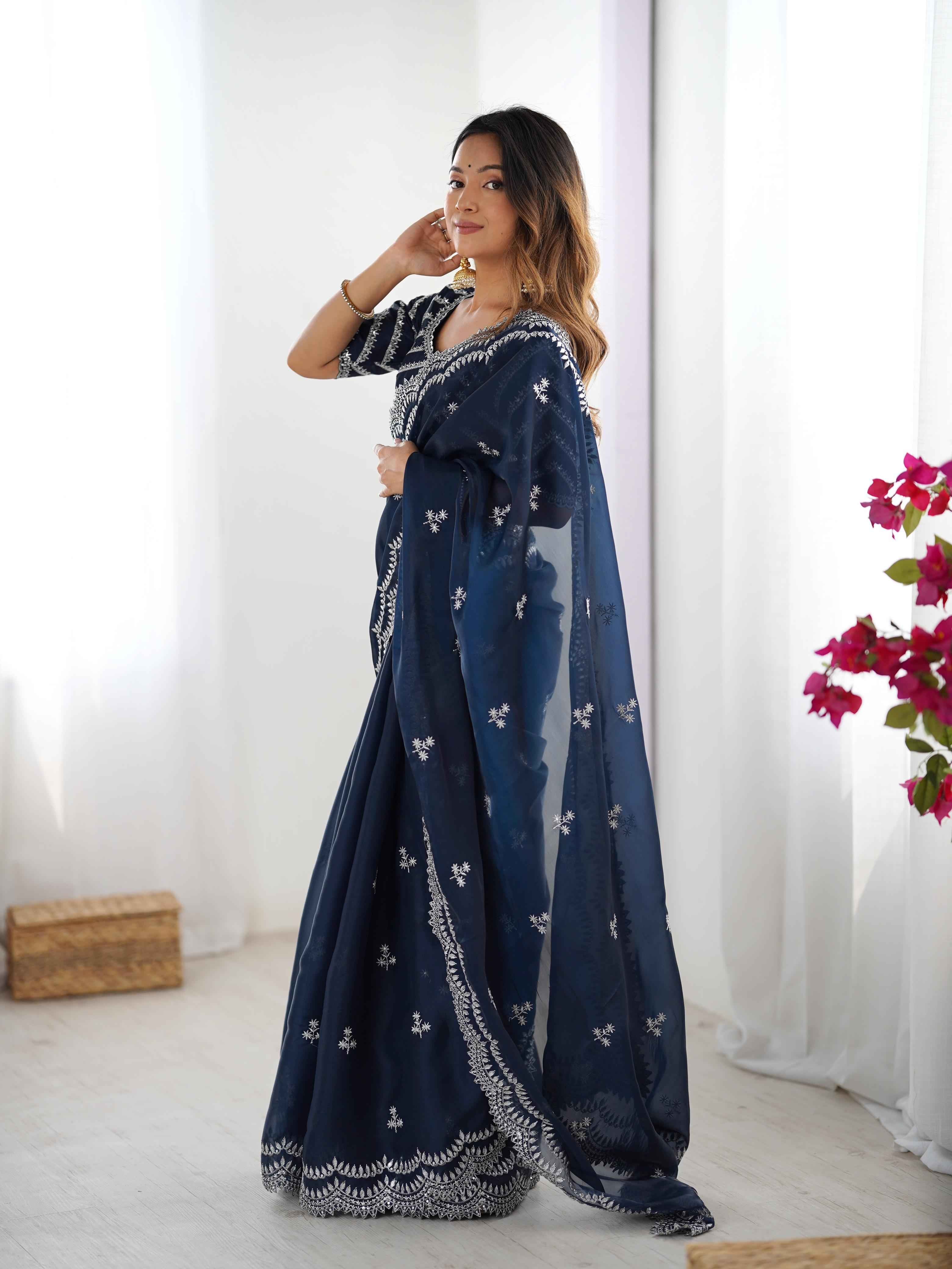 Wedding Wear Blue Color Jimmy Chu Saree For Girls