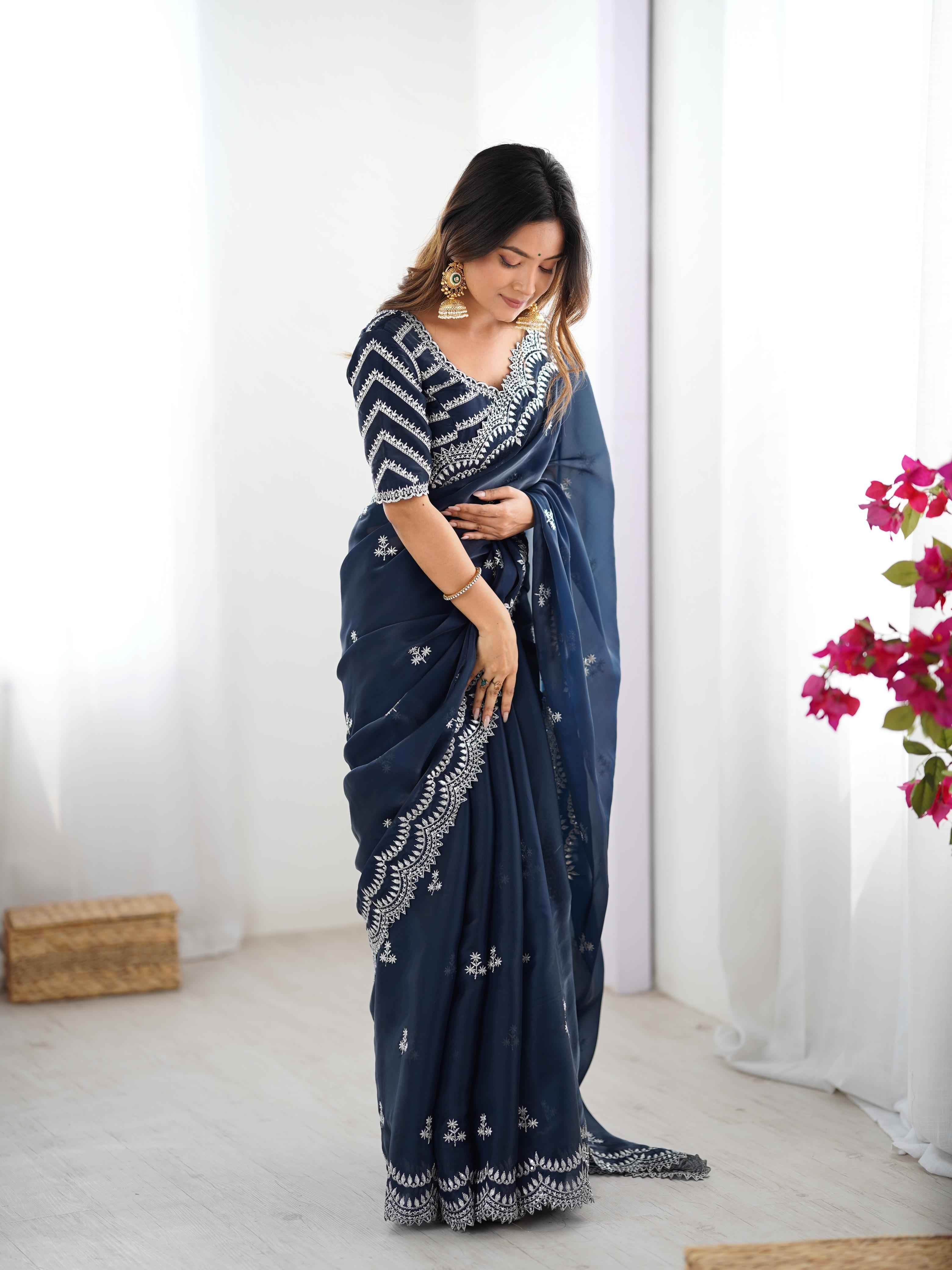 Wedding Wear Blue Color Jimmy Chu Saree For Girls