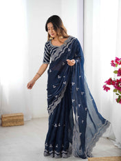 Wedding Wear Blue Color Jimmy Chu Saree For Girls
