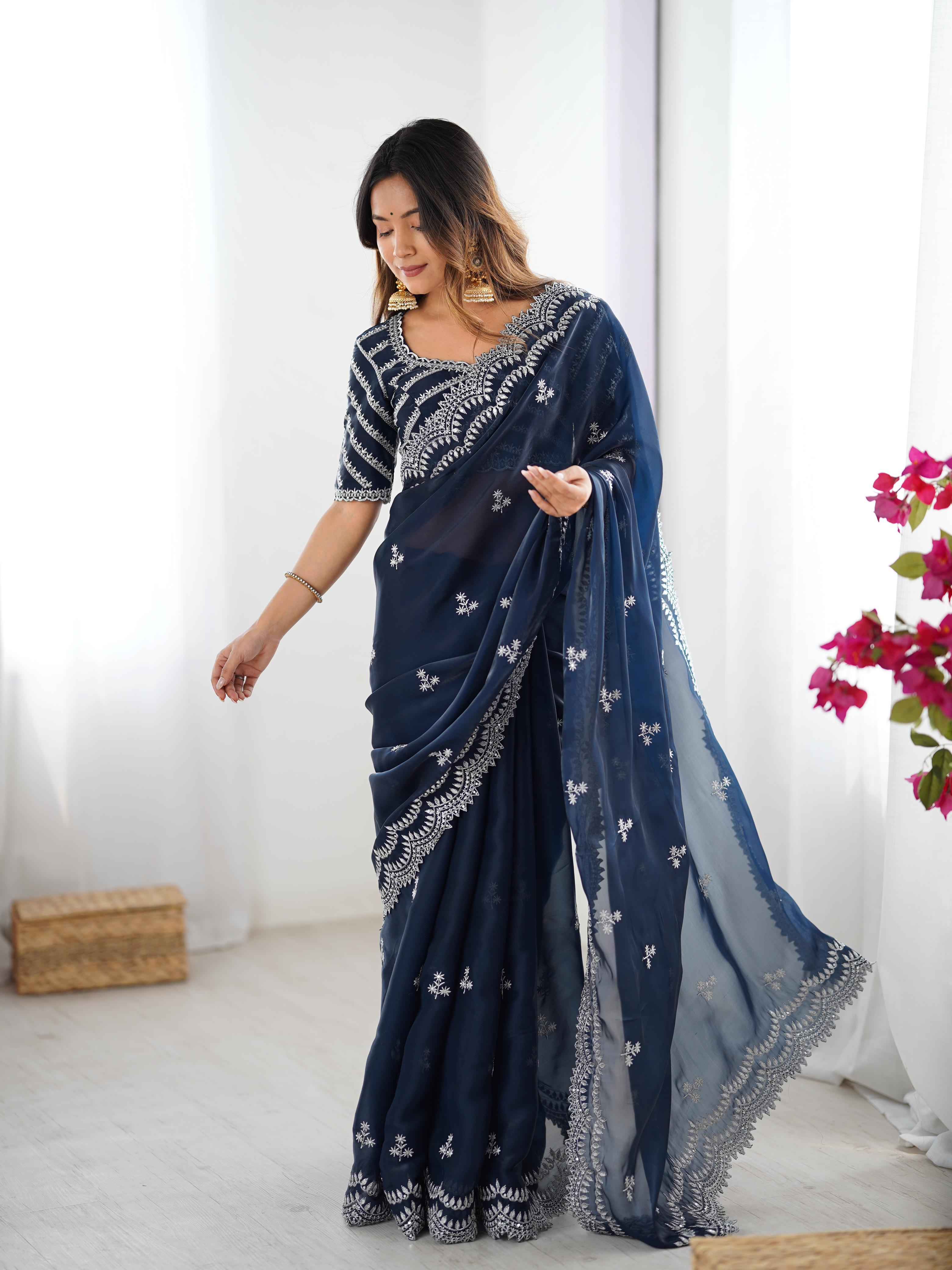 Wedding Wear Blue Color Jimmy Chu Saree For Girls