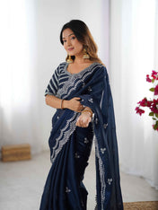 Wedding Wear Blue Color Jimmy Chu Saree For Girls