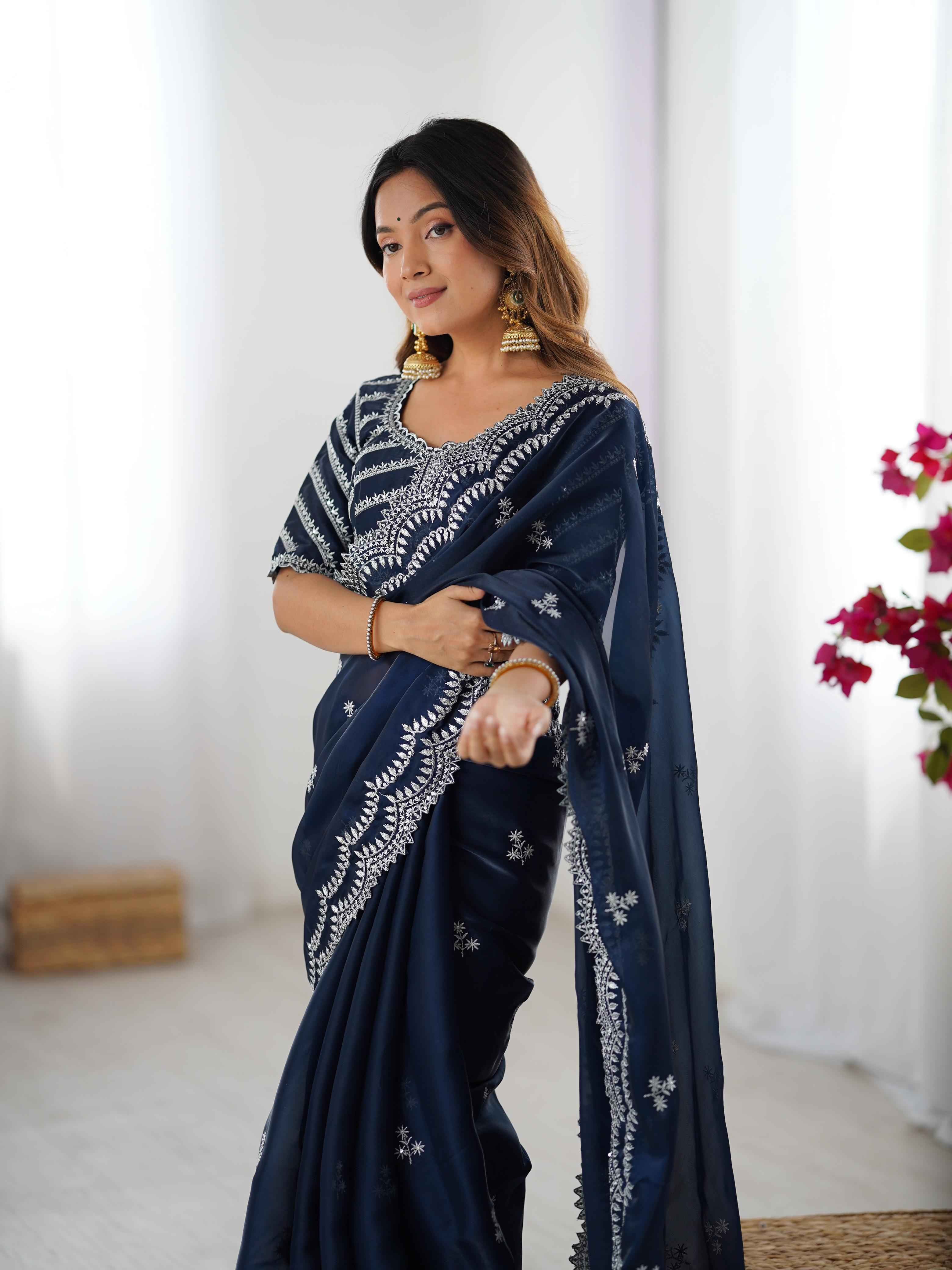 Wedding Wear Blue Color Jimmy Chu Saree For Girls