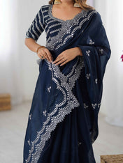 Wedding Wear Blue Color Jimmy Chu Saree For Girls