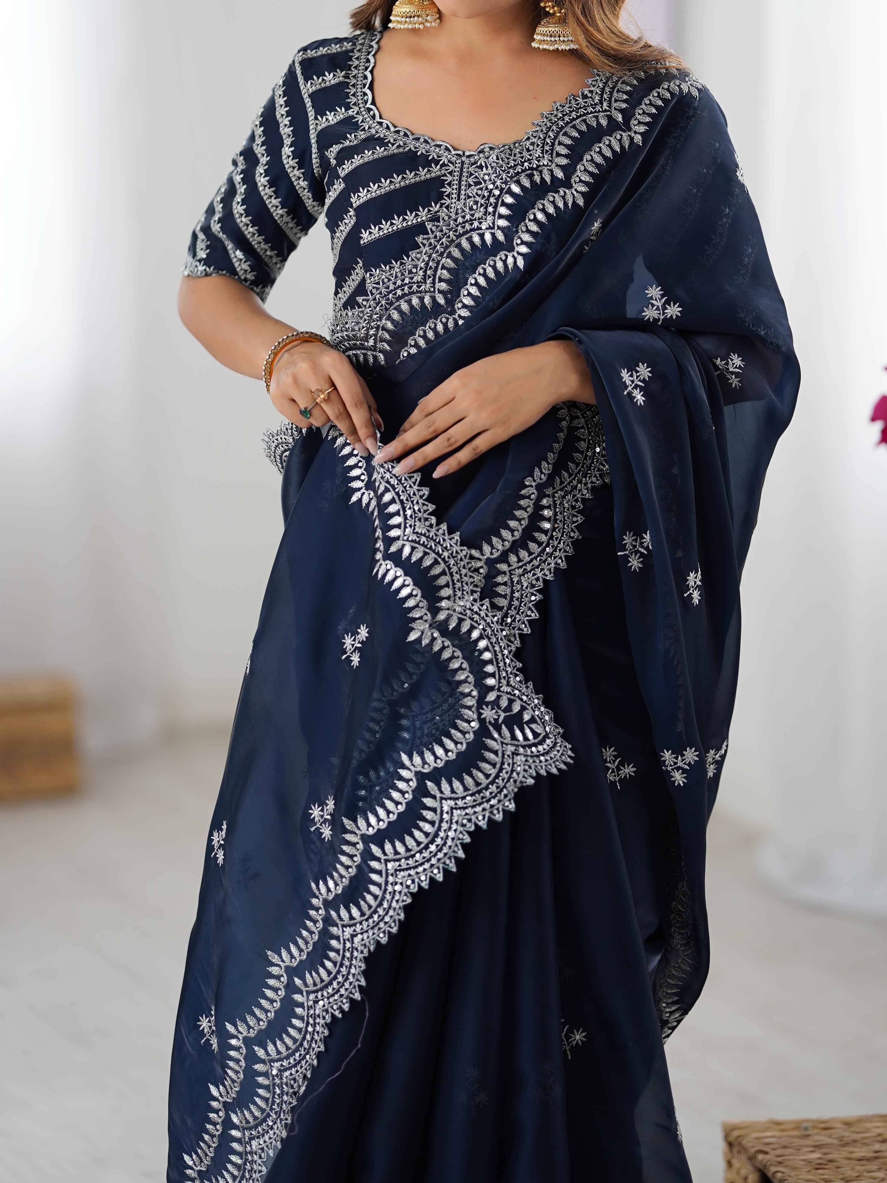 Wedding Wear Blue Color Jimmy Chu Saree For Girls