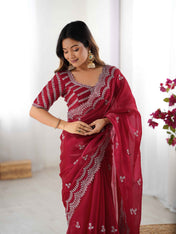 Wedding Wear Red Color Jimmy Chu Saree For Girls