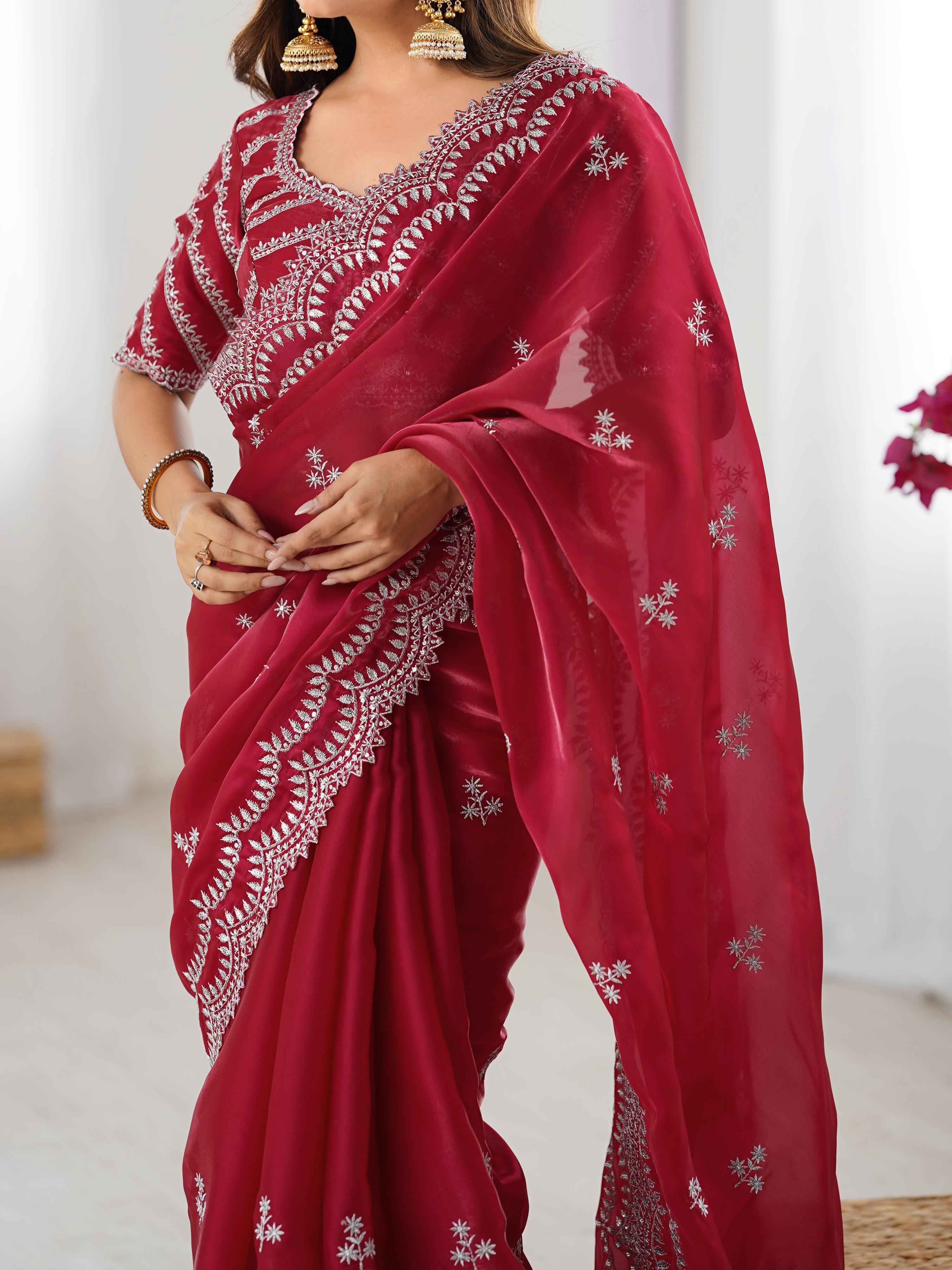 Wedding Wear Red Color Jimmy Chu Saree For Girls
