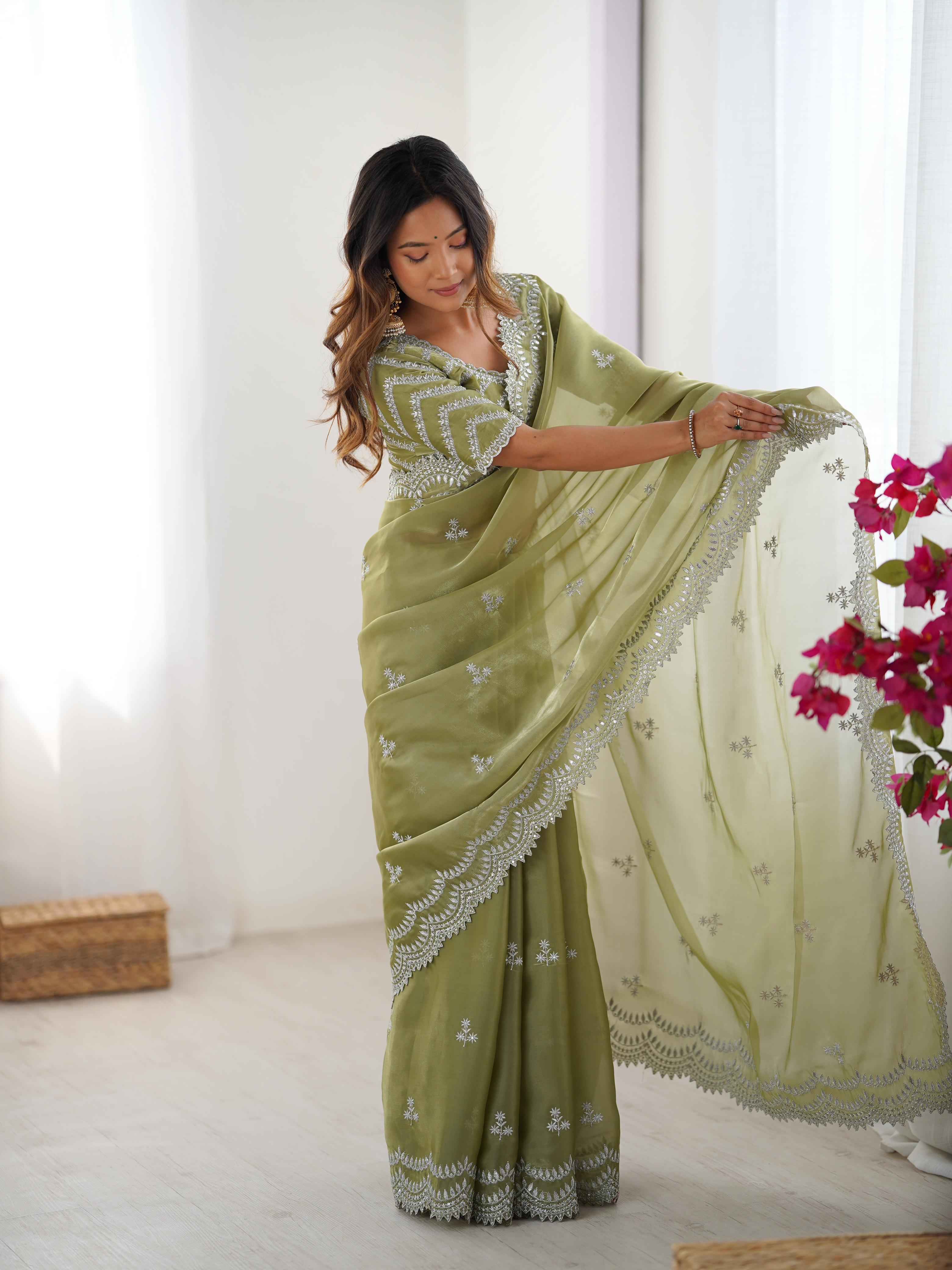 Party Wear Pista Color Jimmy Chu Saree For Women