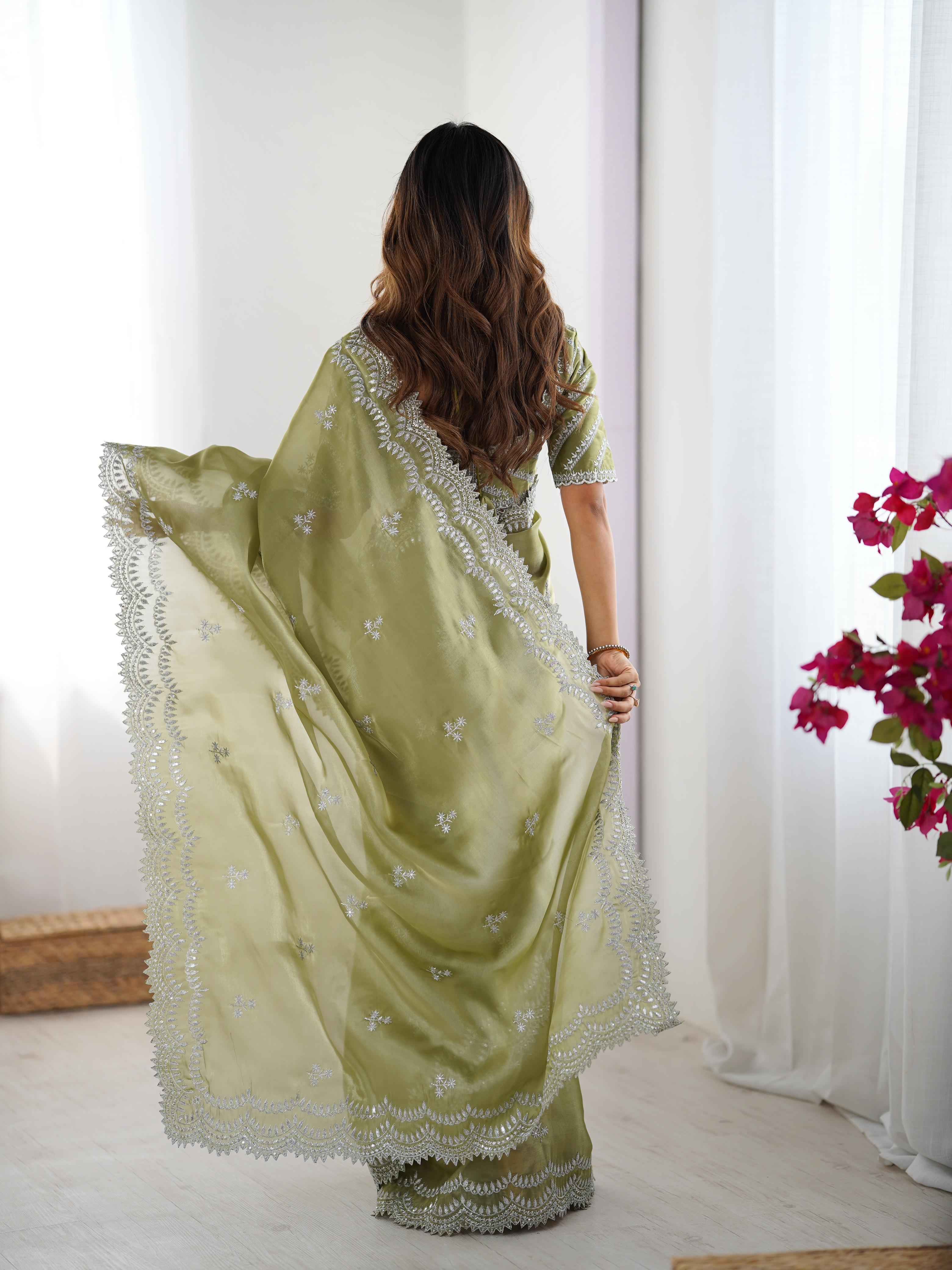 Party Wear Pista Color Jimmy Chu Saree For Women